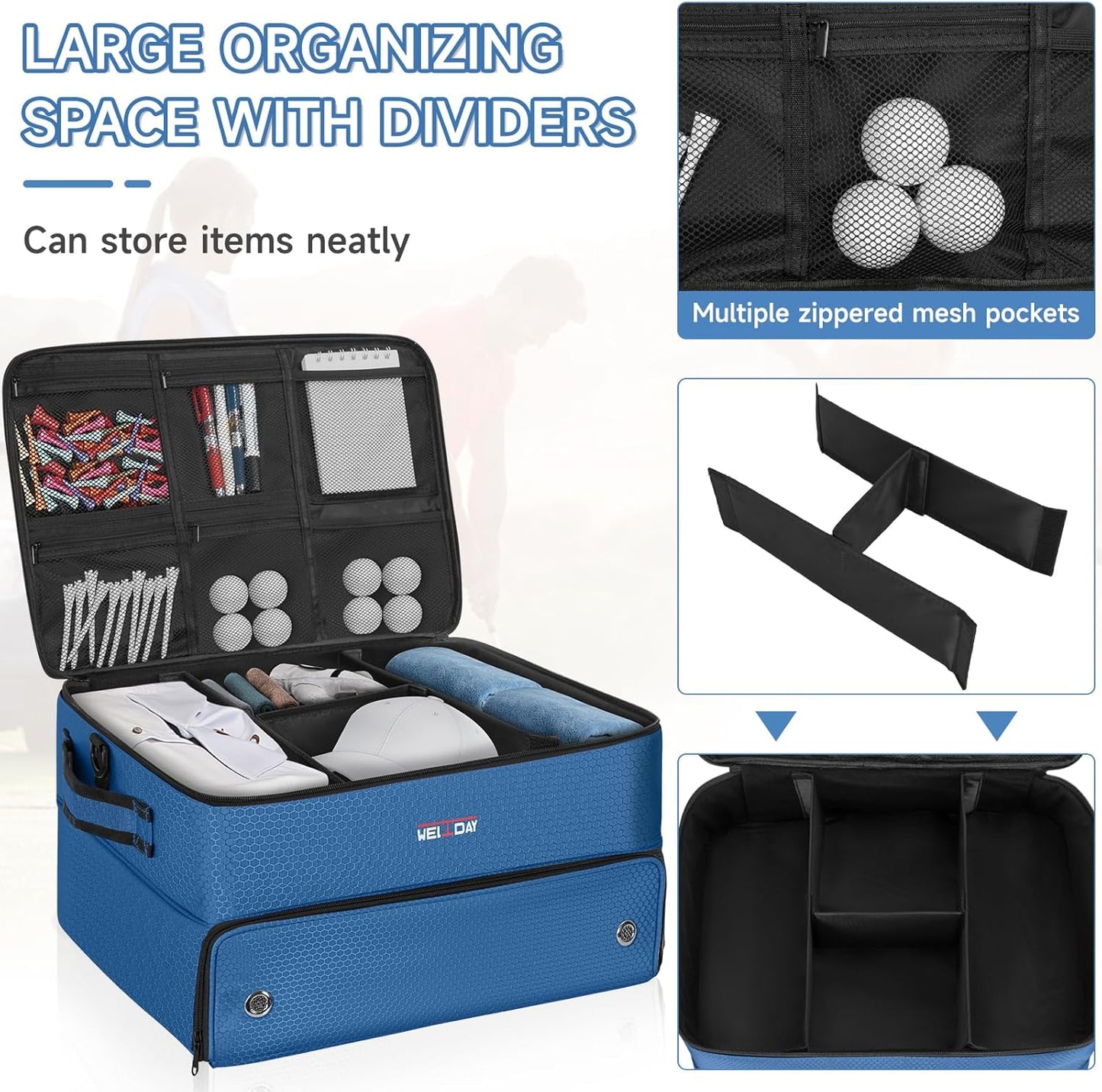 ANILD Golf Trunk Organizer, 2 Layer Golf Storage Case with Separate Ventilated Compartment for 2 Pair Shoes, for Balls, Tees, Clothes, Gloves, Accessories, Golfer Gifts