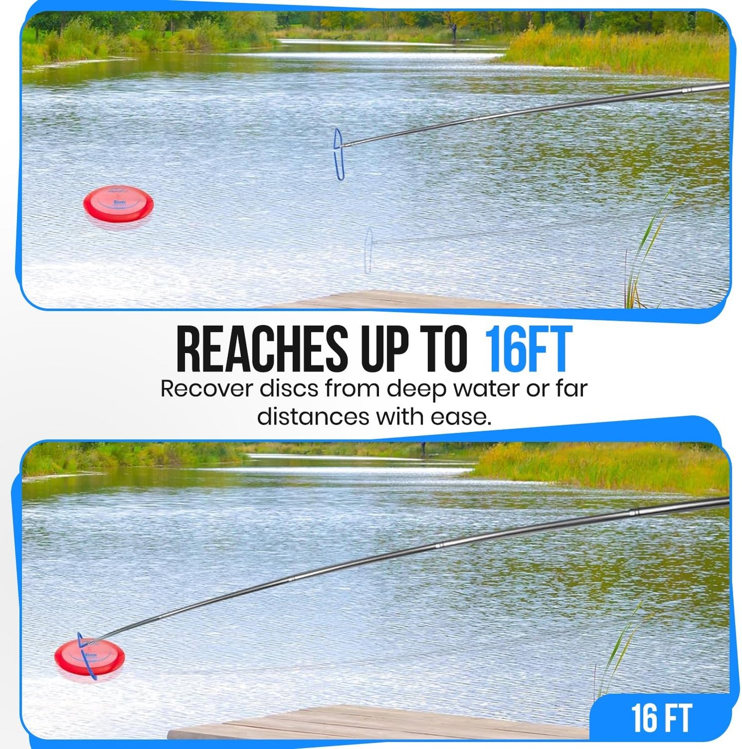 4-in-1 Extendable Disc Golf Retriever Pole – 16ft Heavy-Duty Telescopic Disc Catcher Stick with Dual Steel Hooks & Carry Bag – Rescue Discs from Trees, Lakes, Fences & Thick Brush
