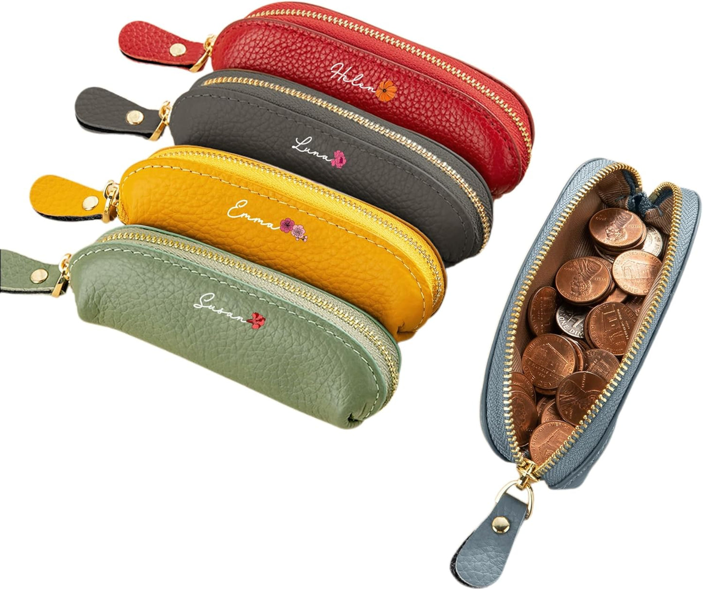 Personalized Birth Flower Multicolor Mini PU Leather Coin Purse Zipper Small Coin Change Pouch Makeup Bag with Name Travel Essential Birthday Gift for Women