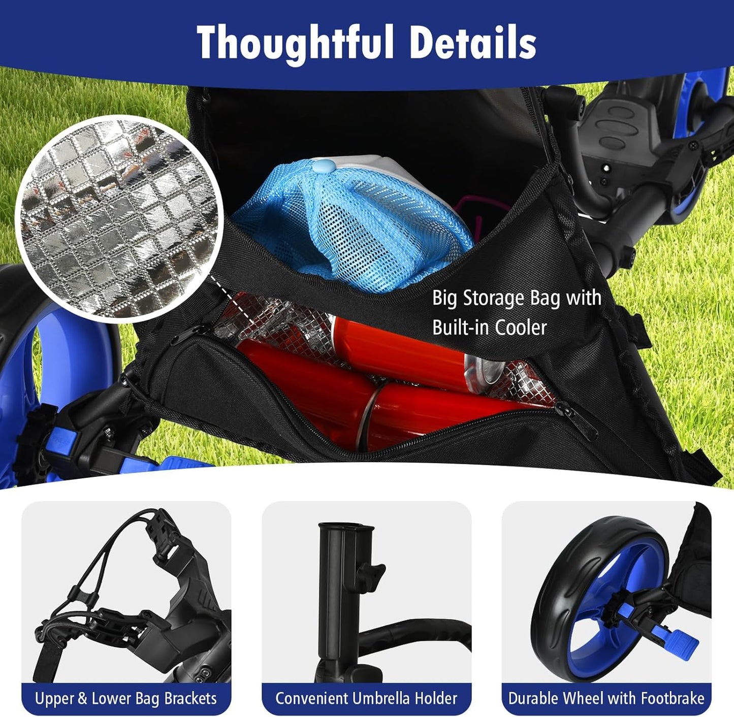 ULTIMATE 3 Wheel Golf Push Cart, Aluminum Folding Golf Walking Push Cart w/Elastic Strap, Umbrella & Cup Holder, Scoreboard Storage, Insulated Storage Bag, Adjustable Handle & Foot Brake