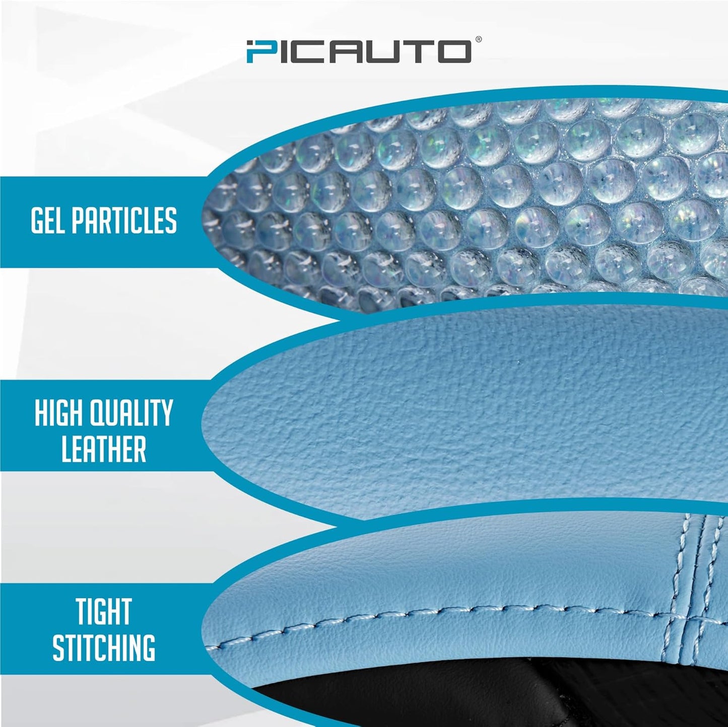 PIC AUTO Steering Wheel Cover, Glitter Gel Particles & Blue Luxury Leather Car Steering Cover, Universal Fit 14.5"-15.5" Anti-Slip Car Wheels Cover for Girls & Women