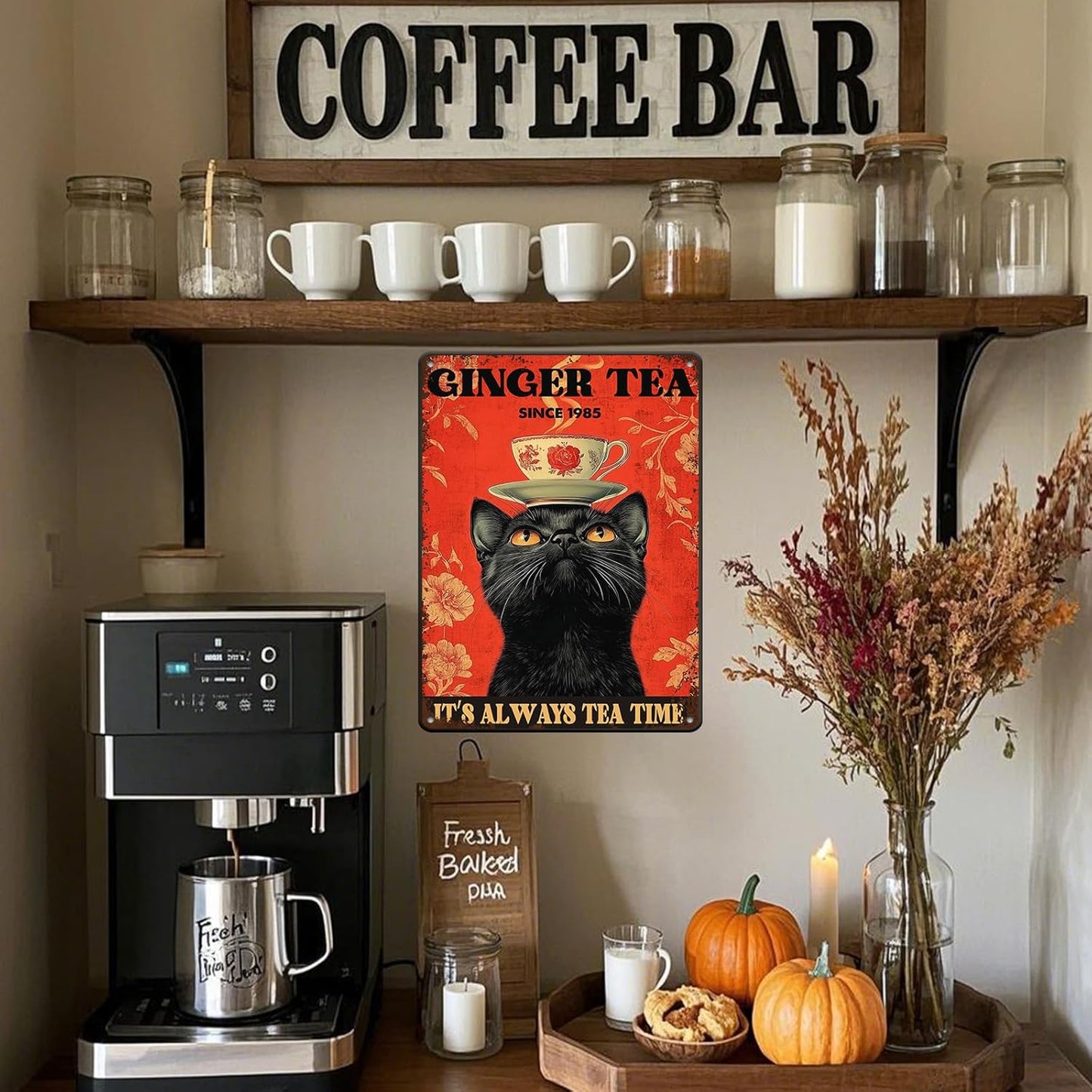 Funny Black Cat Tin Sign Ginger Tea It'S Always Tea Time Metal Sign Wall Decor For Home Cafe Bar Kitchen Poster 12x16 Inch