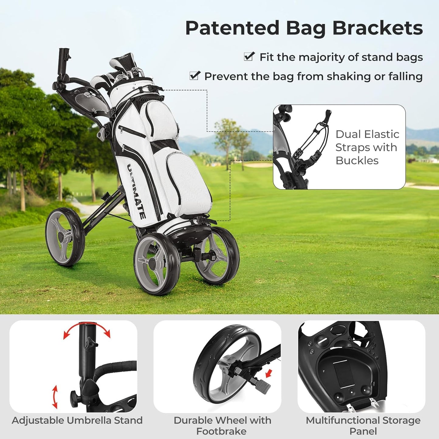 ULTIMATE 4 Wheel Golf Push Cart, Folding Golf Walking Cart w/Elastic Straps, Umbrella&Cup Holder, Scoreboard Storage, Lightweight Golf Trolley Cart w/Height Adjustable Handle&Foot Brake