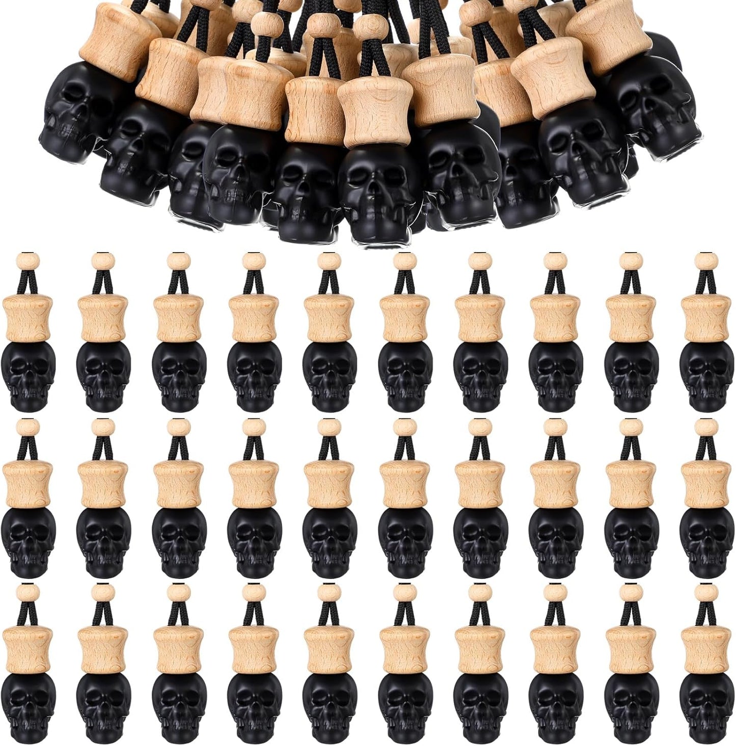 BBTO 50 Pcs Hanging Car Air Freshener Black Car Diffuser Bottles Empty Glass Perfume Bottle Freshener Diffuser Bottle Pendant for Essential Oil Fragrance Aromatherapy Bottle Ornament (Skull Head)