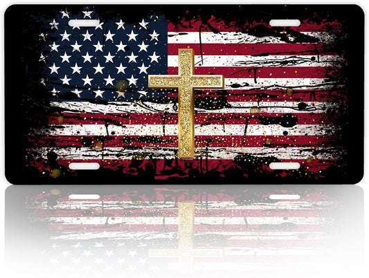 License Plate,American Flag Jesus Cross License Plates Decorative Car Front License Plates,Vanity Tag,Metal Car Plate,Aluminum Novelty License Plate,6 X 12 Inch (4 Holes)