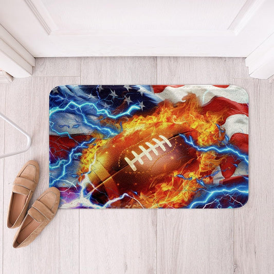 Feelyou 3D Football Polyester Bath Rug American Flag Soft Fleece Door Carpet for Kids Boys Girls Fire Ball Games Sports Non Slip Bath Mat Retro USA Flag Bathroom Floor Indoor Doormat,16x24 Inch
