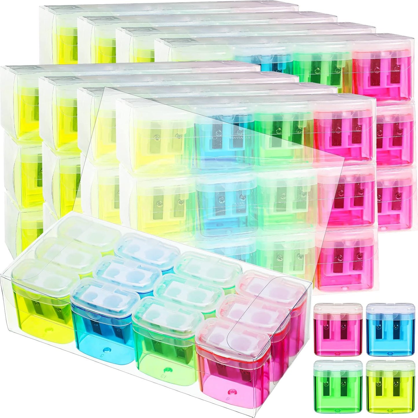 Teling 144 Pcs Manual Pencil Sharpeners Bulk Handheld Dual Holes Pencil Sharpeners for Kids Colorful Portable Compact Sharpener with Lid for Students School Class Home Office Supply