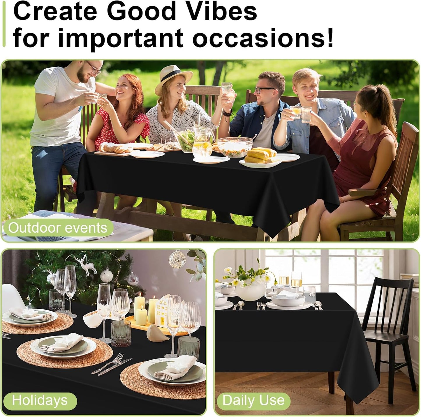 QIKSION Plastic Table Cloth Disposable 6 Pack, 54 x 108 Inch Tablecloths for Rectangle Tables, Black Plastic Table Cover