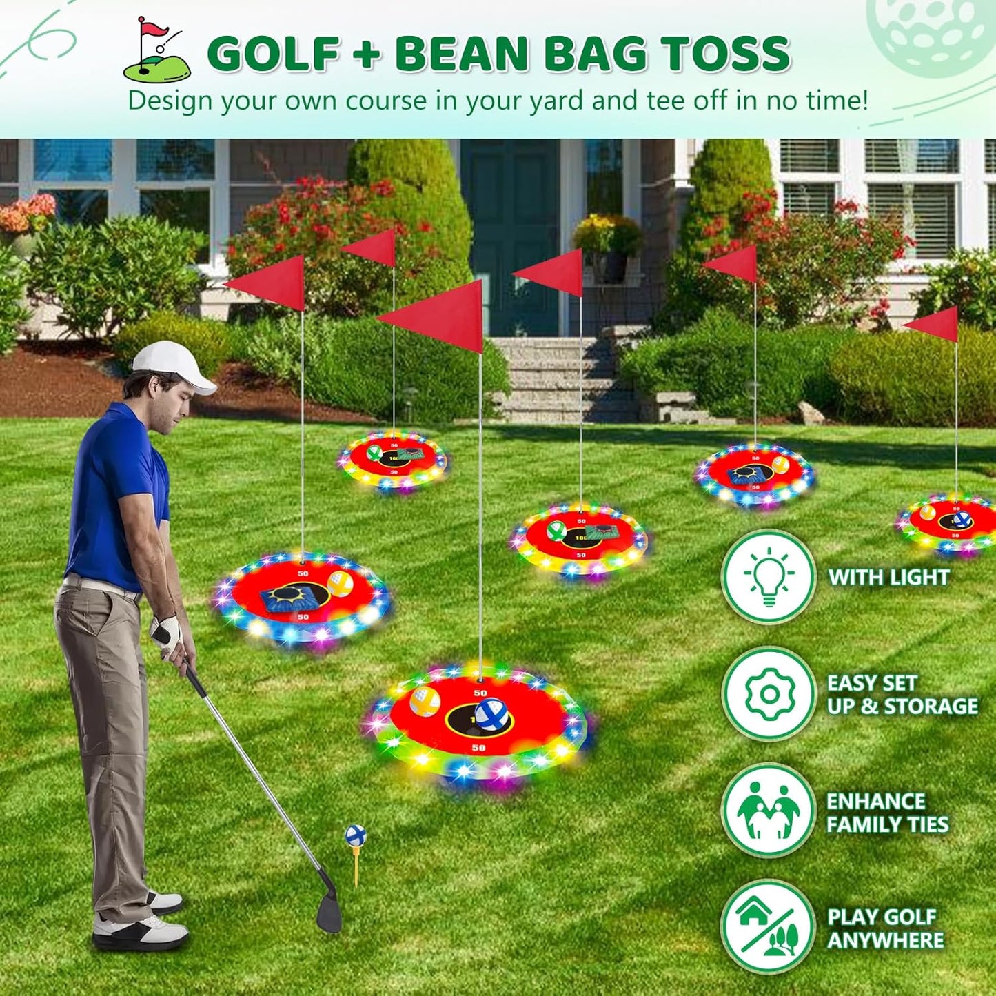 Light Up Golf Play Set - Upgraded Backyard Golf Chipping Game with 6 LED Targets, 2 Clubs, 18 Balls, 6 Bean Bags, Night Golf Toys Gifts for Kids Golfers Family Indoor Outdoor Beach Lawn Park