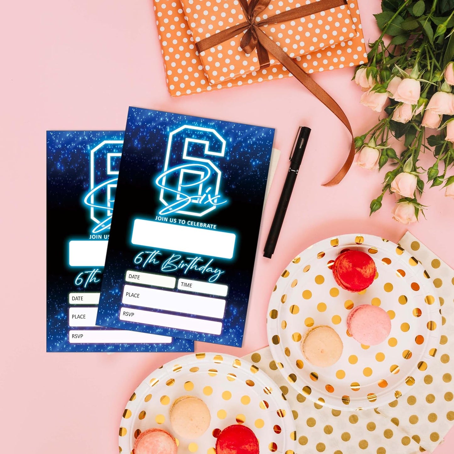 SIXEIGHT Blue 6th Birthday Party Invitations for Boys, Glow Neon Birthday Invitations, 20 Double Sided Invite Cards with Envelopes for Kids Girls, Party Decorations Supplies, 4"x6"-C06