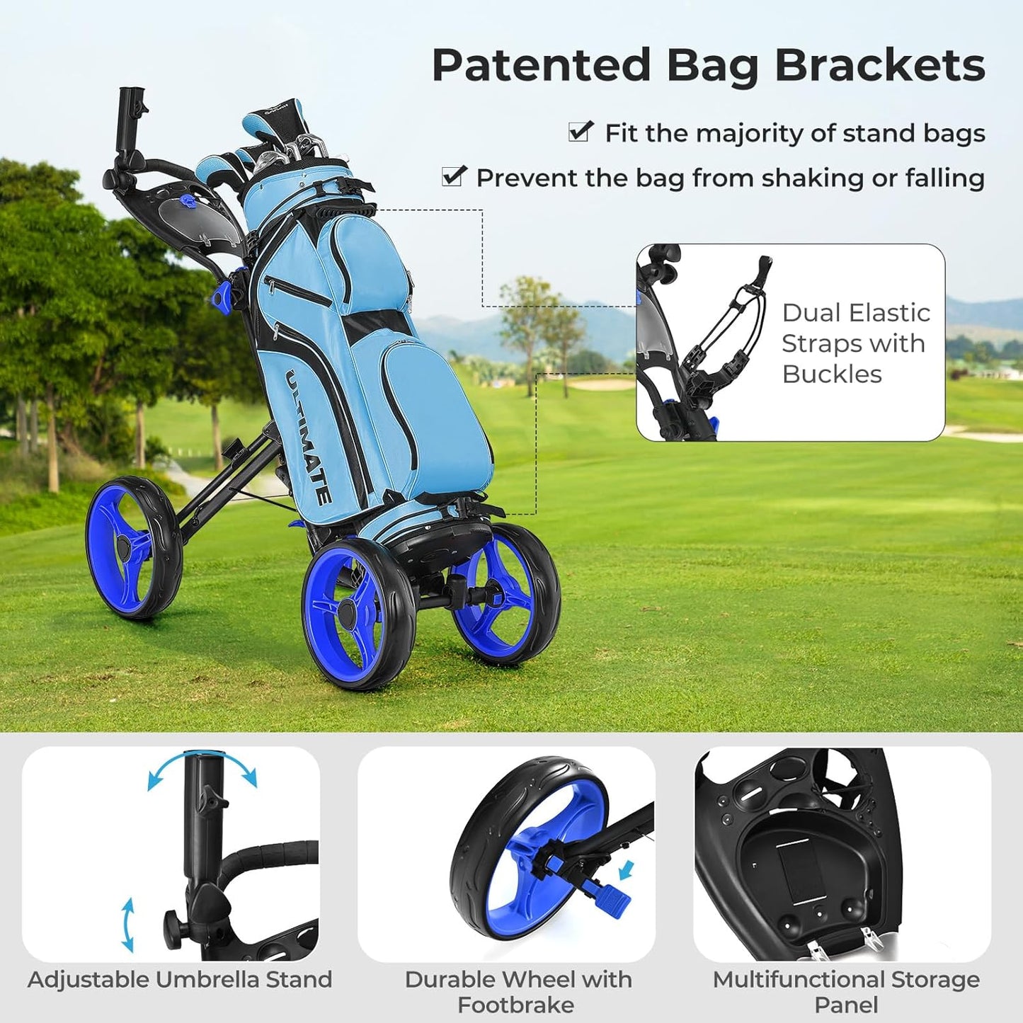 ULTIMATE 4 Wheel Golf Push Cart, Folding Golf Walking Cart w/Elastic Straps, Umbrella&Cup Holder, Scoreboard Storage, Lightweight Golf Trolley Cart w/Height Adjustable Handle&Foot Brake