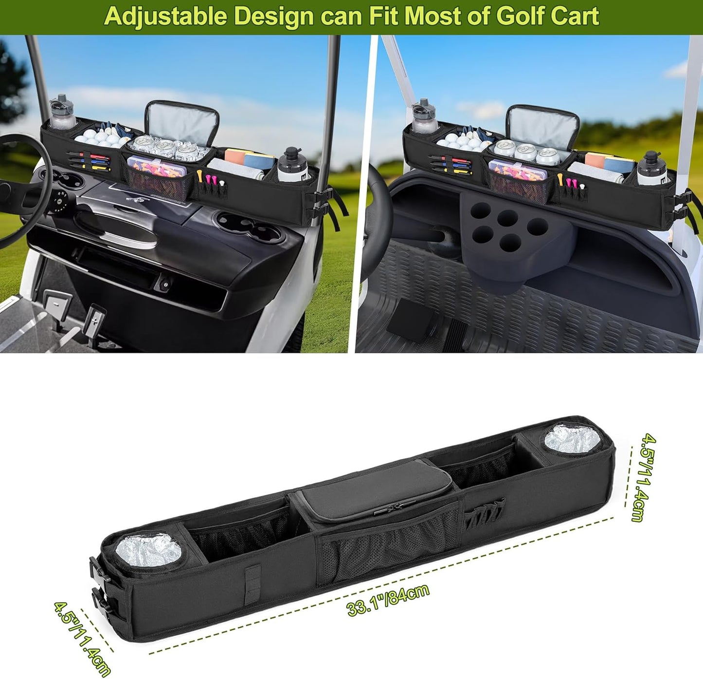Golf Cart Storage Tray, No-Drilling Front Storage Basket Compatible with EZGO, Club Car, Kandi Golf Carts, Organizer with Cooling Compartment (Patent Design)
