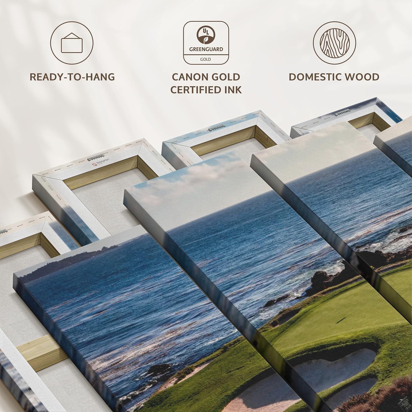 Elephant Stock California Coastline Golf Course Wall Art - Horizontal Canvas - 4-Piece Living Room Wall Decor - Photography Sports Canvas Print - Brown and Beige Decor for Wall - 52" X 32"