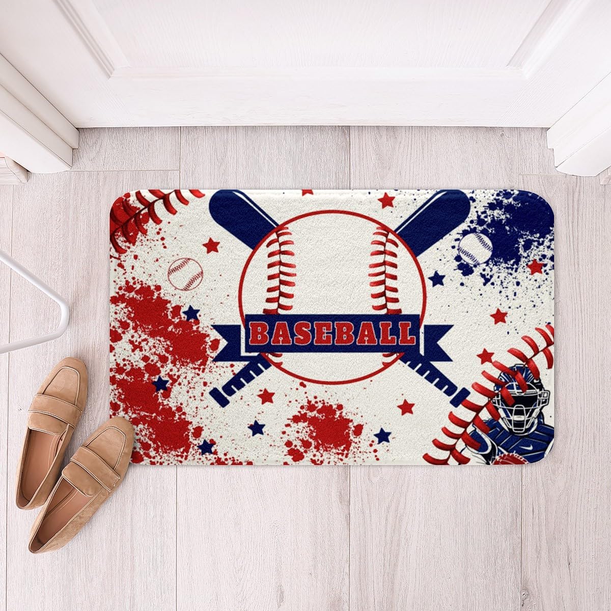 Feelyou Baseball Gaming Non Slip Bath Mat Blue Red Graffiti Soft Fleece Door Carpet for Kids Boys Girls Baseball Player Polyester Bath Rug Ball Games Sports Bathroom Floor Indoor Doormat,20x32 Inch
