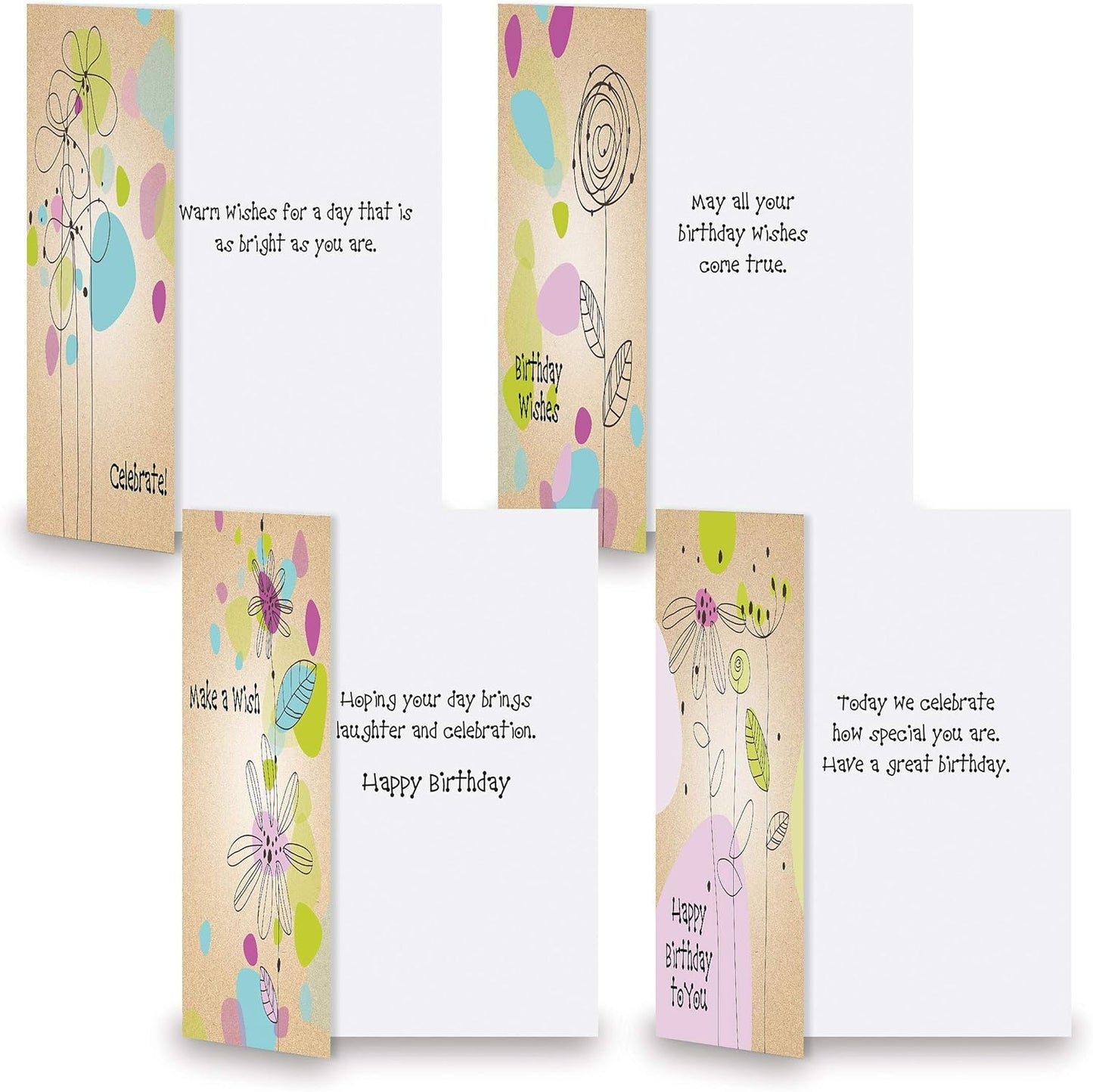 Current Kraft Blossoms Happy Birthday Greeting Card Set - Value Pack of 20 Cards With White Envelopes, 10 Designs, Large 5" x 7" Assortment