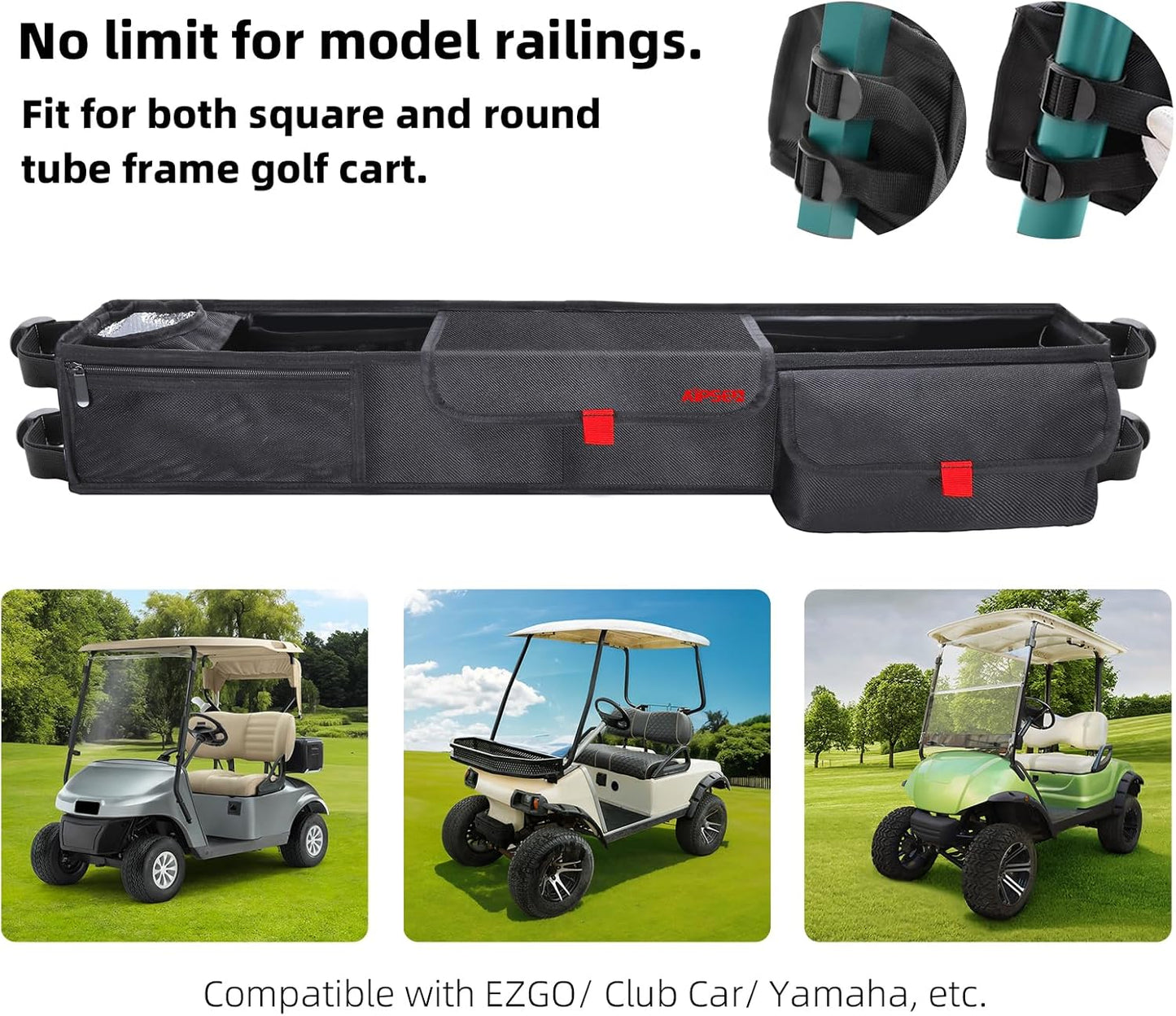 Golf Cart Storage Basket No Drilling Front Inner Basket w/Insulated Cup Holder, Dash Tray Organizer Compatible with EZGO Club Car Yamaha, 1680D Waterproof Oxford, No Affect Windshield