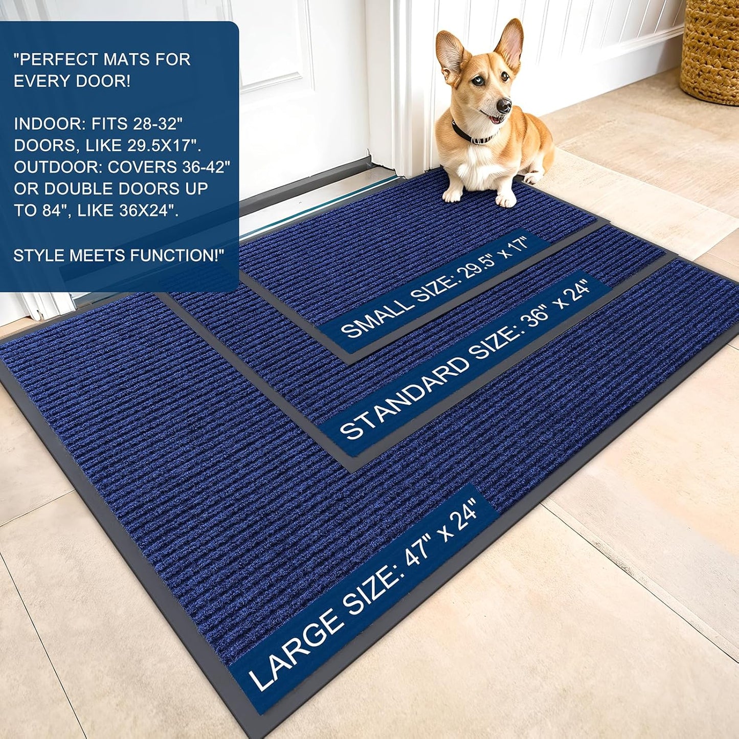 OLANLY Front Door Mat Indoor Outdoor Entrance, Waterproof Heavy Duty Doormat, Fade Resistant, Low Profile, Easy Clean Patio Porch Welcome Floor Mats for Entry, 59x35, Blue