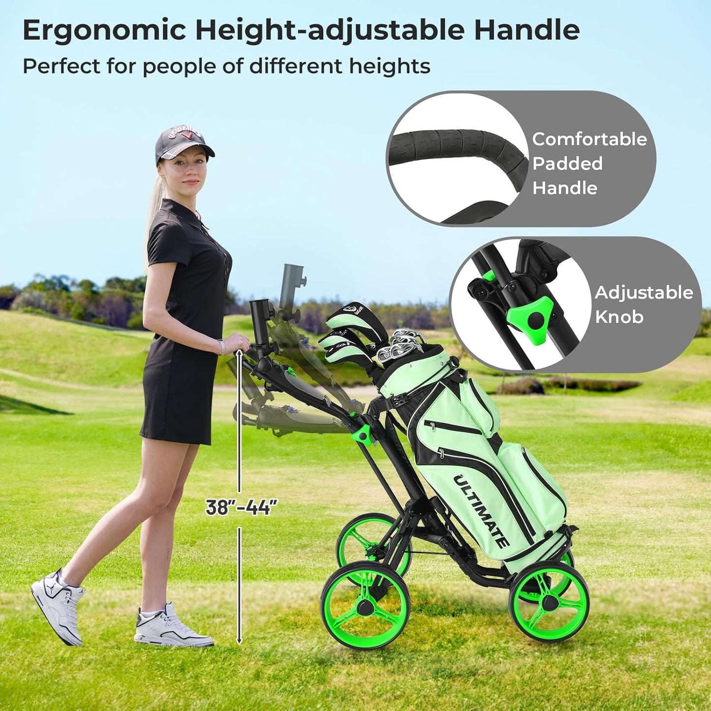 ULTIMATE 4 Wheel Golf Push Cart, Folding Golf Walking Cart w/Elastic Straps, Umbrella&Cup Holder, Scoreboard Storage, Lightweight Golf Trolley Cart w/Height Adjustable Handle&Foot Brake