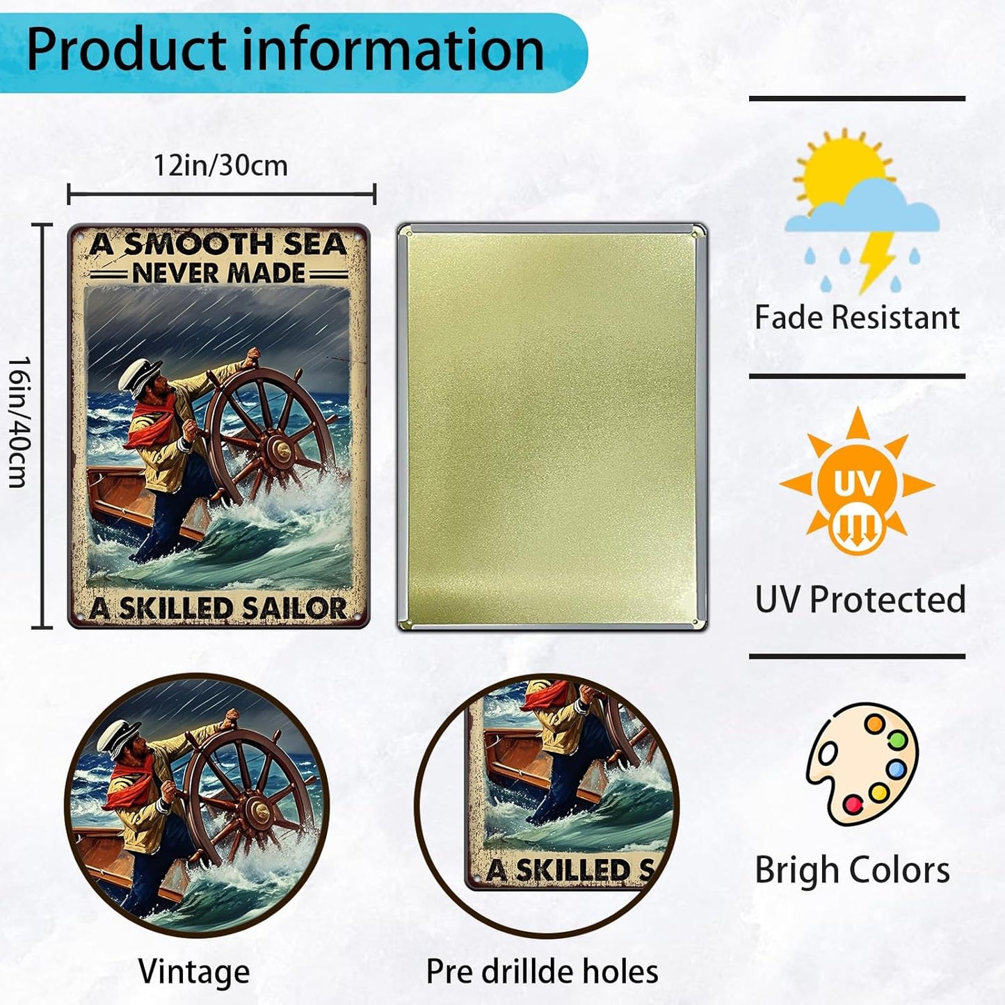 Vintage Tin Sign Metal Poster Plaque A Smooth Sea Never Made A Skilled Sailor Sailing Ship Poster Metal Sign Iron Painting Retro Wall Decor for Home Hotel Cafes Sign Gift 12x16 Inch