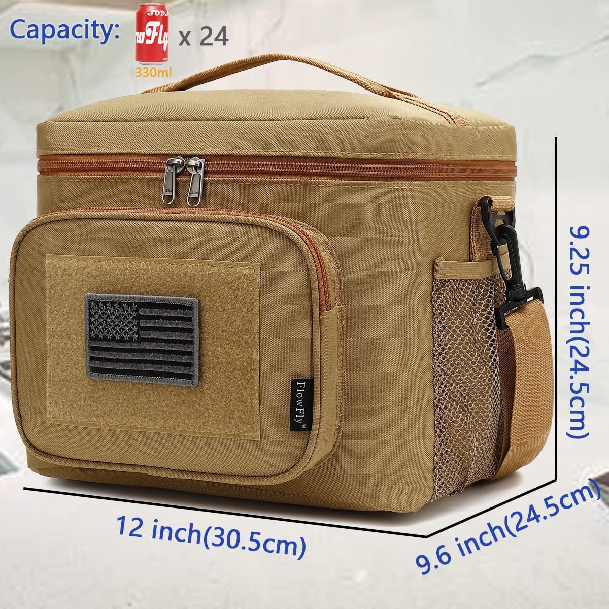 FlowFly Lunch Bag, Insulated Cooler, Thermal Lunch Box Tote with MOLLE/PALS Webbing, Adjustable Padded Shoulder Strap, for Tactical Men Women Adults and Boys Girls Kids (Brown, Large)