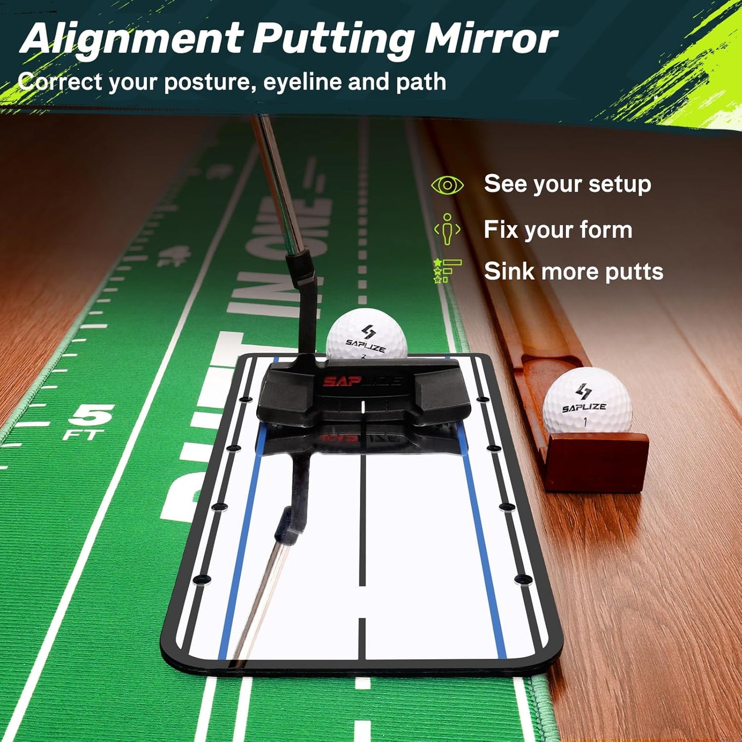 SAPLIZE Golf Putting Mat/Putting Green Mat - Adjustable Slope, Trajectory Tracking, Automatic Ball Return & Pong Game Modes |Portable Practice Green for Home, Office, Indoor & Outdoor