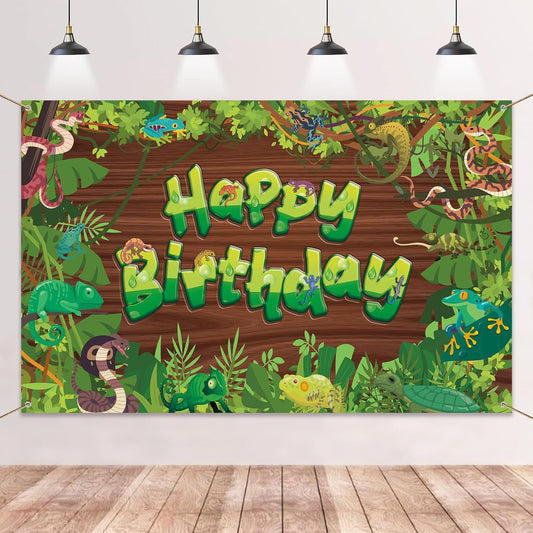 Reptile Jungle Birthday Banner Backdrop - Vinyl Photo Background with Snakes Frogs Chameleons Lizard, Reptile Theme Birthday Party Decorations for Kids Boys Girls