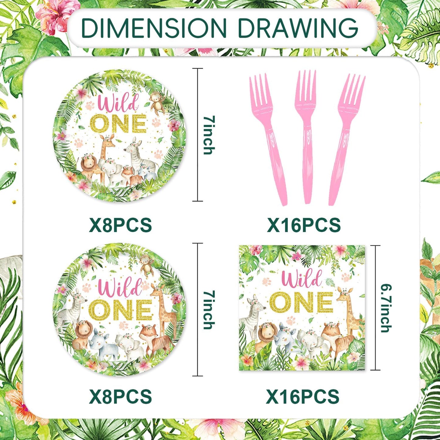 48Pcs Wild One Birthday Decorations Disposable Safari Animals Baby Shower Plates Napkins Forks Supplies for Boy Wild One Birthday Decorations Girl