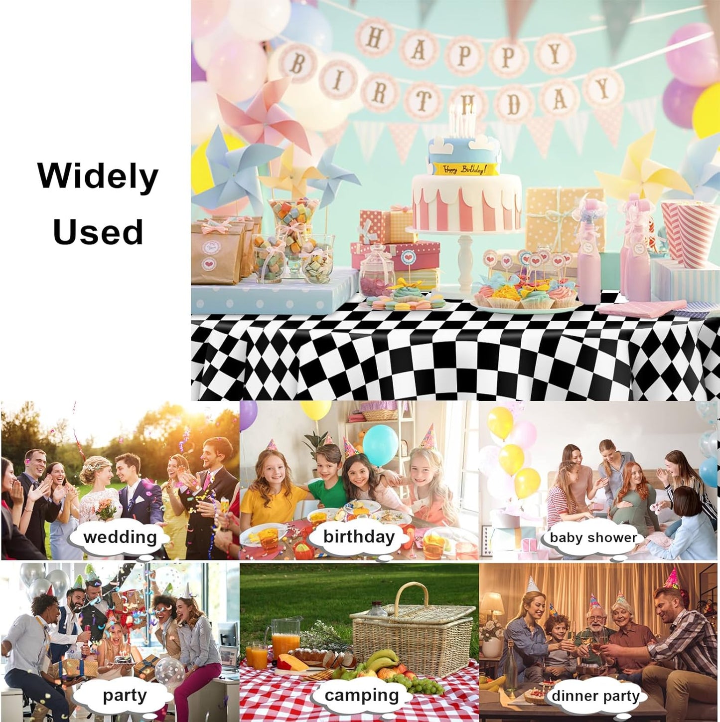 3 Pack Black and White Checkered Tablecloth, Round Black Checkered Flag Plastic Table Cloths for Parties Disposable, 84x84 in Waterproof Race Car Tablecloth for Birthday Party Halloween Picnic School