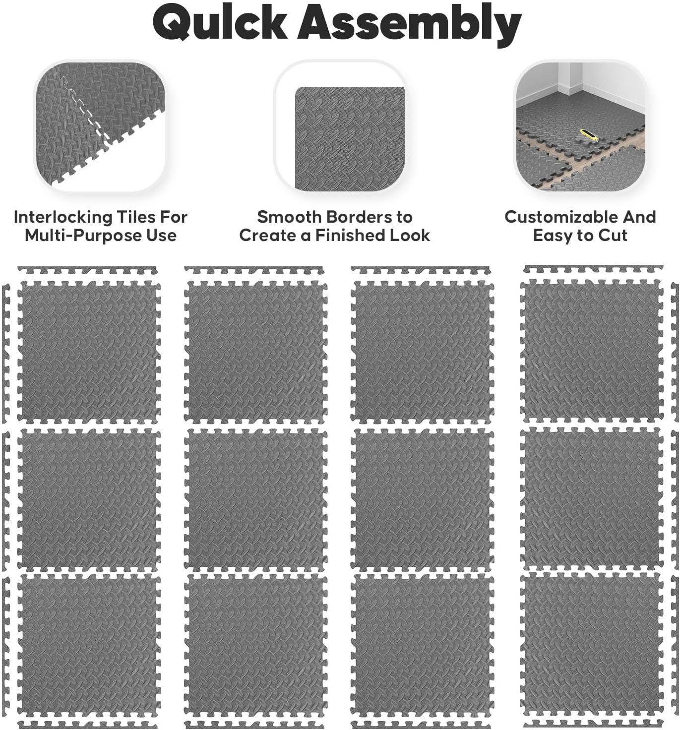 Home Gym Mat, Puzzle Exercise Mat, 1of EVA Interlocking Foam Floor Tiles for Home Workout Equipment and Kids' Play Areas - Grey, 24 in x 24 in x ½ in - 32 Tiles (Grey, 32 Pack 128 sq ft)