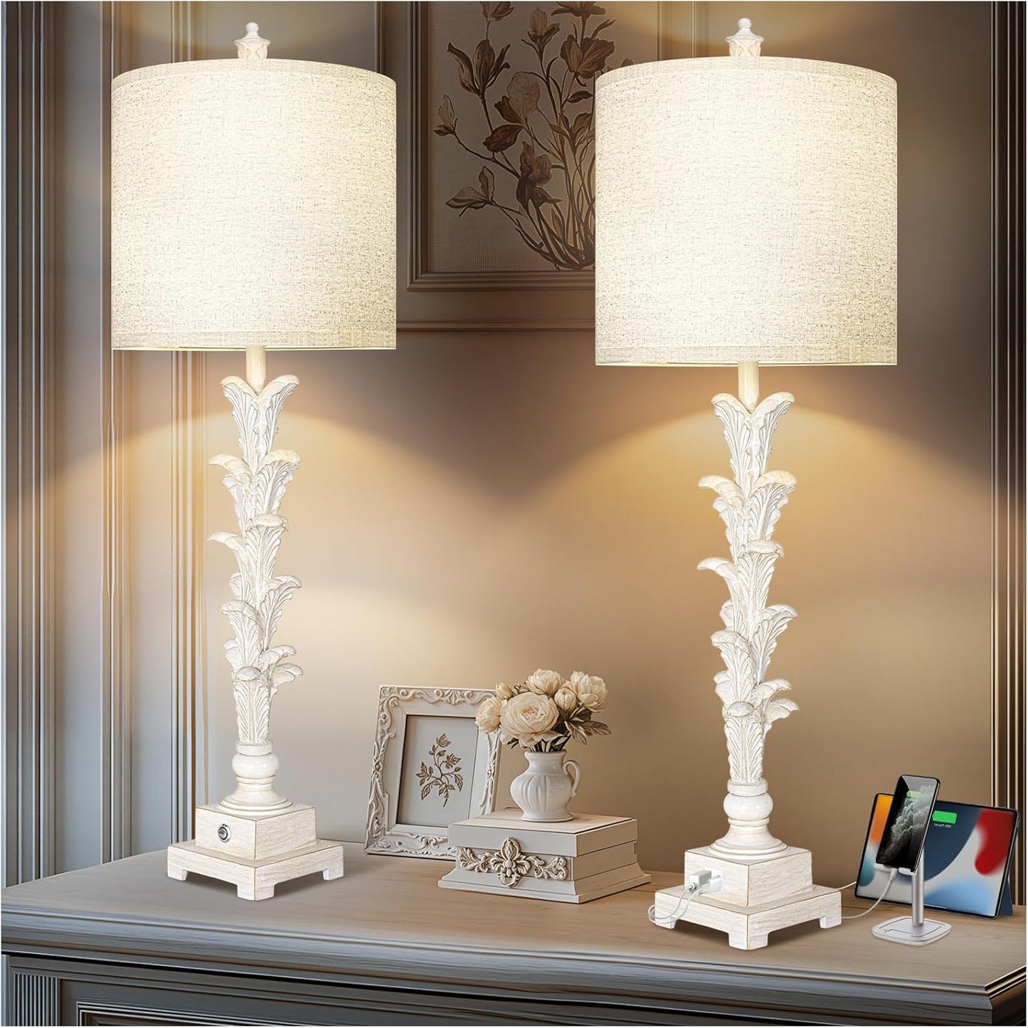Vintage Table Lamps Set of 2, 3-Way Dimmable Touch Buffet Lamps with 2 USB Ports, 33'' Bedside Nightstand Lamps with Linen Shades, Rustic Farmhouse Table Lamps for Living Room Bedroom, Washed White