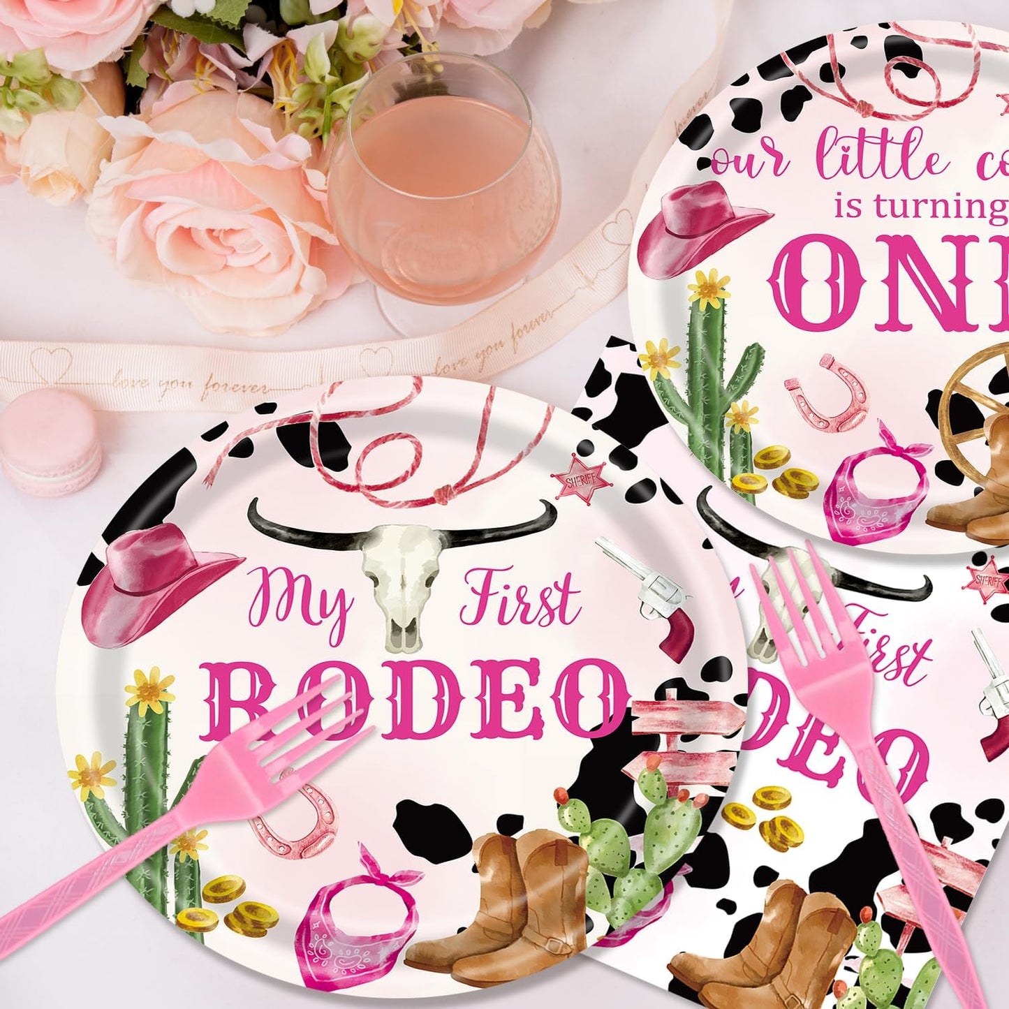 48Pcs My First Rodeo Decorations Girl Western Cowgirl Party Supplies Disposable Pink Cowgirl 1st Birthday Plates Napkins Forks Serves 16 Cowgirl Birthday Party Decorations
