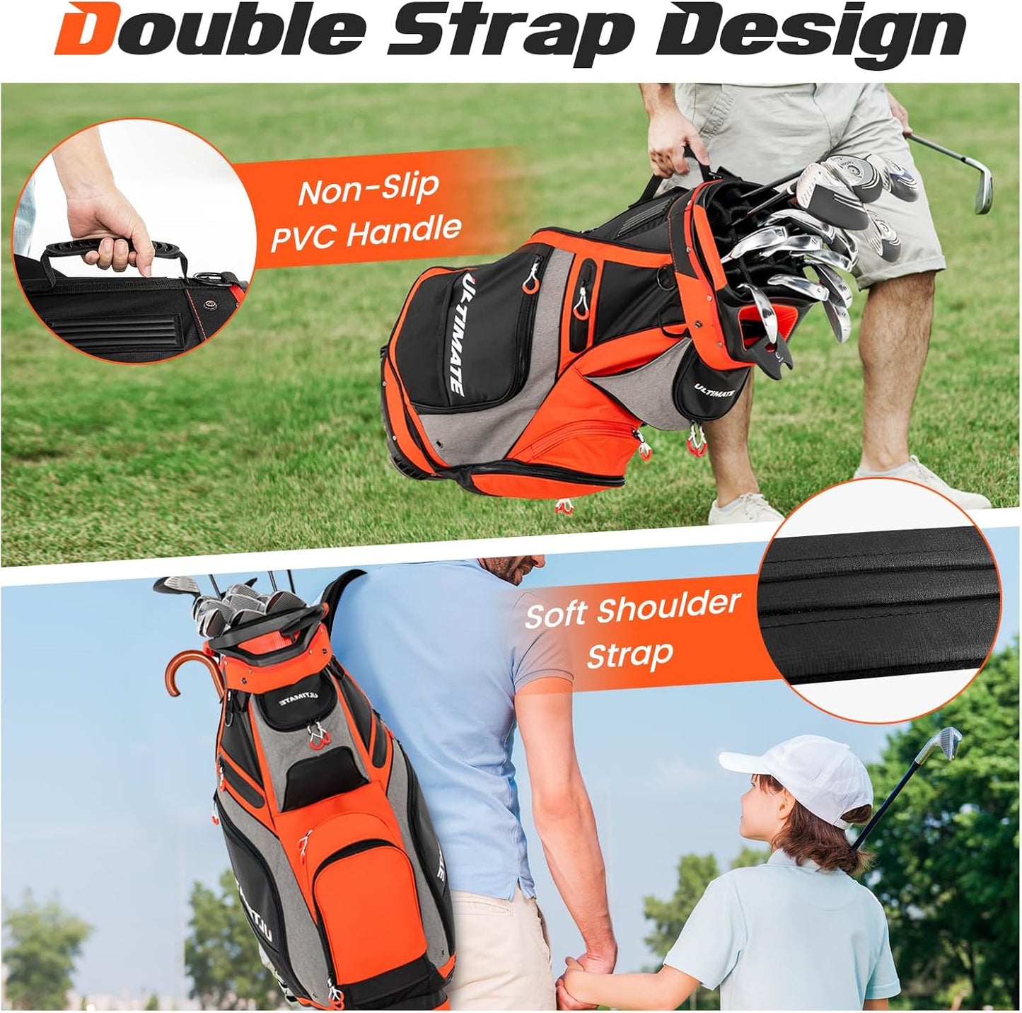 ULTIMATE Golf Cart Bag, 14 Way Top Dividers Golf Carry Bag w/Pockets & Umbrella Holder, Portable Golf Club Bag w/Soft Shoulder Strap & Rain Hood, Lightweight Golf Bag for Women & Men