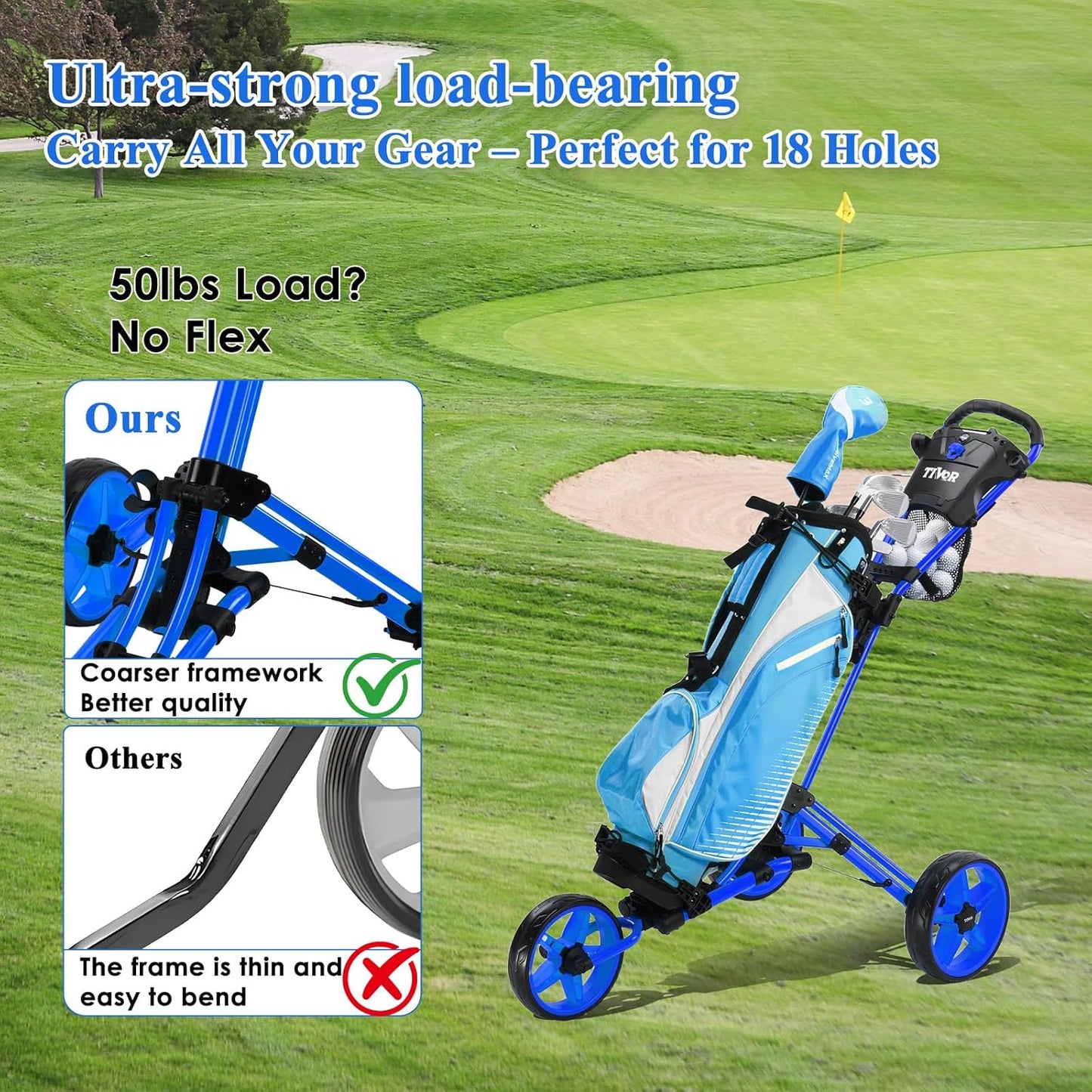 Tivor Lightweight Golf Push cart 3 Wheel,Foldable Golf Trolley for Adults and Junior with Ergonomic Adjustable Handle, Scorecard Holder, Umbrella Mount, Foot Brake, All-Terrain Wheels