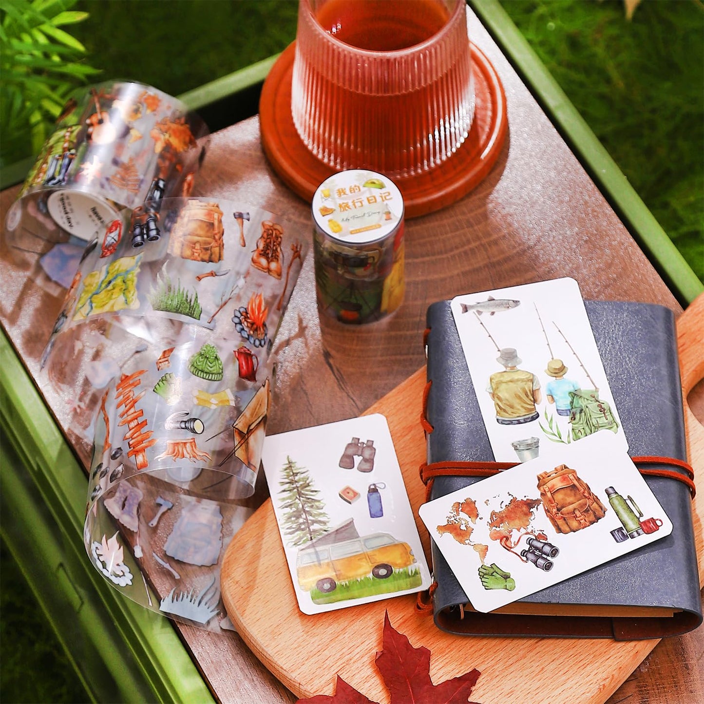 6 Rolls Travel PET Tape Set with Clip, Camping and Adventure-Themed Sticker Tape for Journaling, Scrapbooking, and DIY Crafts