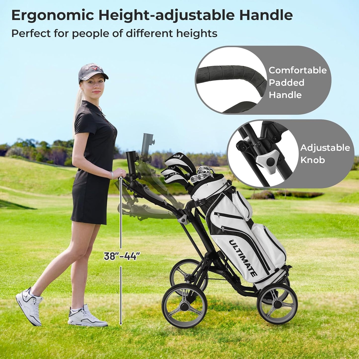ULTIMATE 4 Wheel Golf Push Cart, Folding Golf Walking Cart w/Elastic Straps, Umbrella&Cup Holder, Scoreboard Storage, Lightweight Golf Trolley Cart w/Height Adjustable Handle&Foot Brake