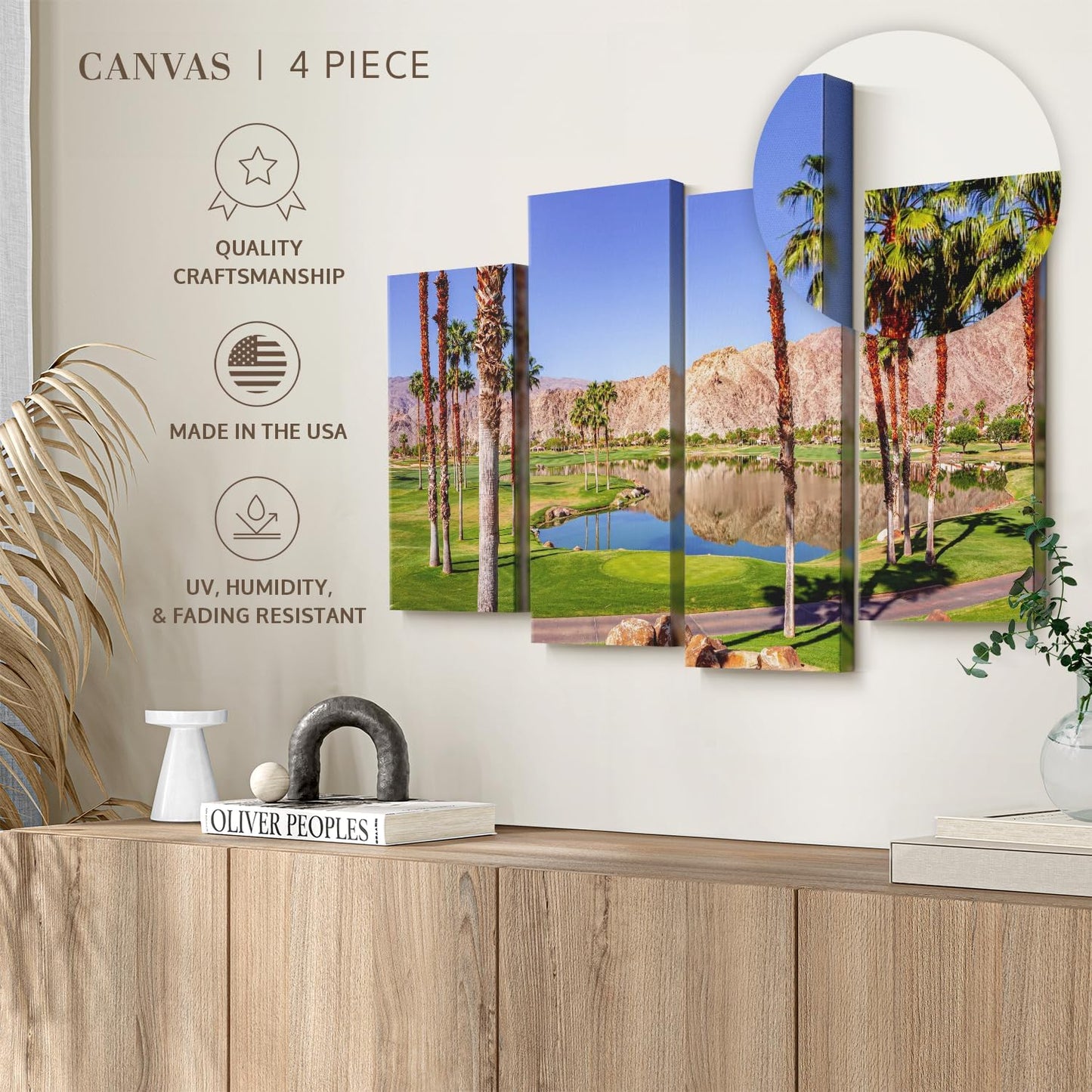 ElephantStock La Quinta Golf Course Wall Art - Horizontal Canvas - 4-Piece Living Room Wall Decor - Photography Sports Canvas Print - Beige and Brown Decor for Wall - 43" X 27"