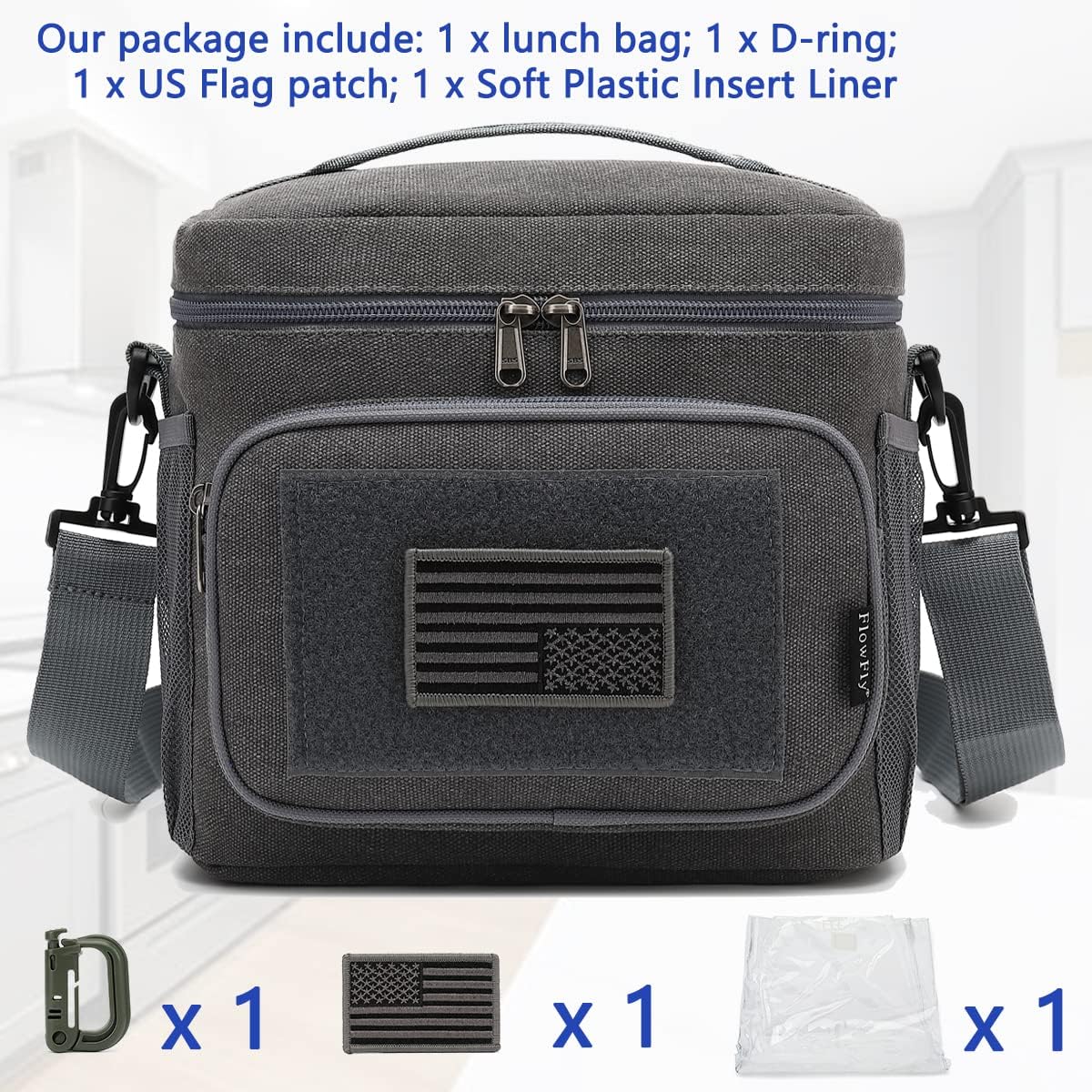 FlowFly Lunch Bag, Insulated Cooler, Thermal Lunch Box Tote with MOLLE/PALS Webbing, Adjustable Padded Shoulder Strap, for Tactical Men Women Adults and Boys Girls Kids (Navy, Medium)