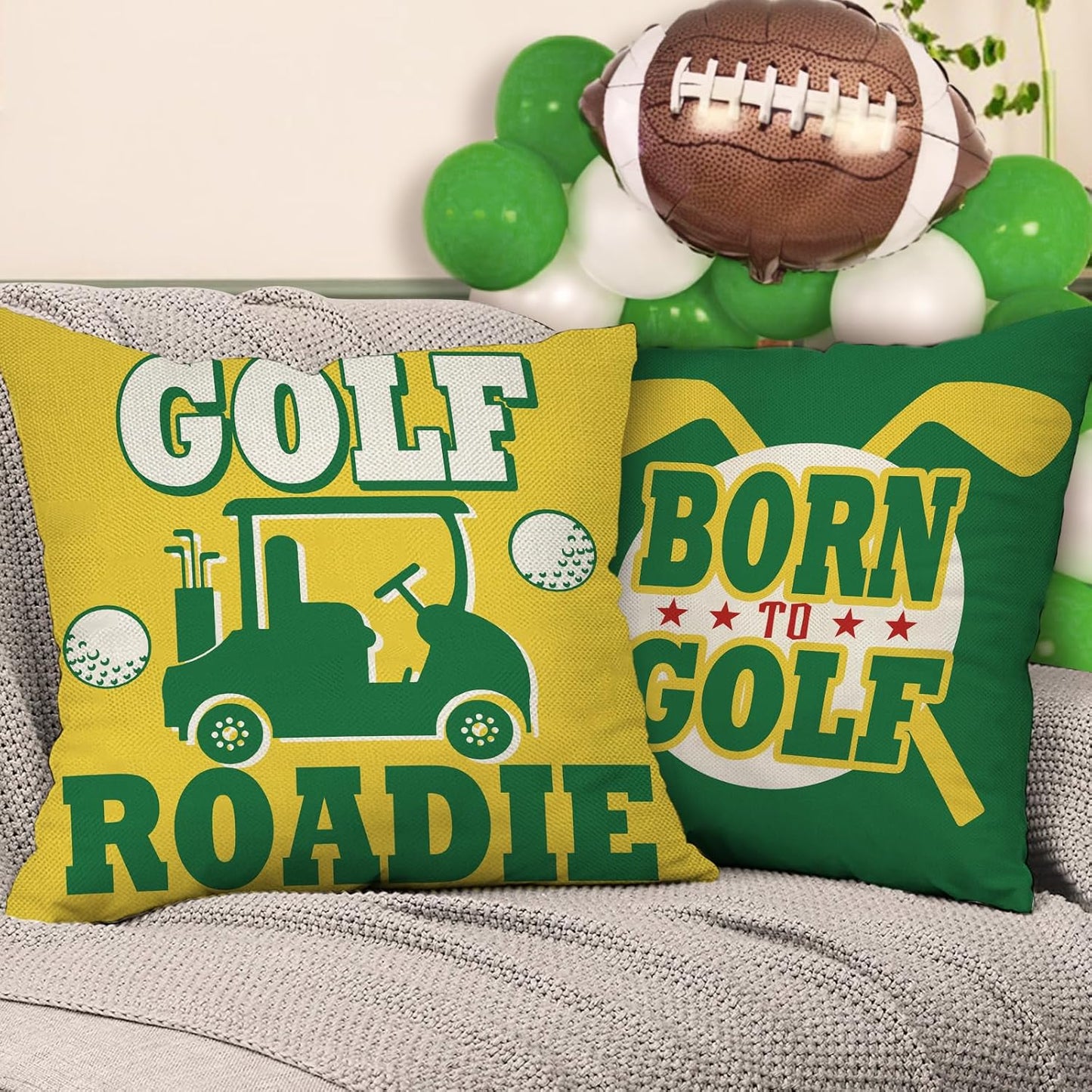 Golf Masters Tournament Decorative Throw Pillow Covers 18 x 18 Set of 4, Green Yellow Golf Roadie Cart Ball Outdoor Home Decor, Let's Par Tee Club Sports Boys Couch Cushion Case Golfer Gifts