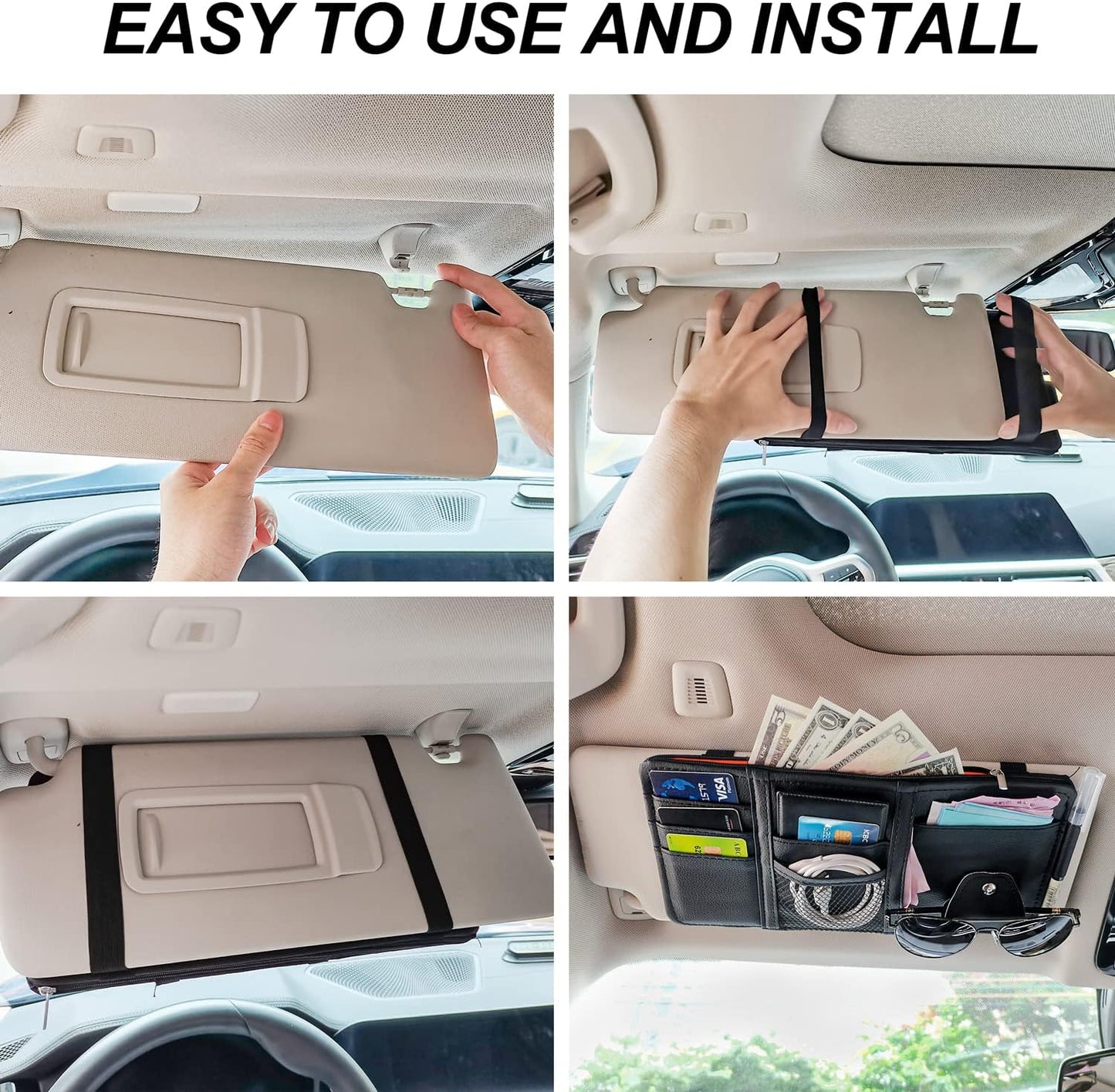 Keedolla Car Sun Visor Organizer Auto Interior Accessories Pocket Organizer, Sunglasses Holder Car Truck Visor Storage Pouch for Cards, Pens and Document - Beige