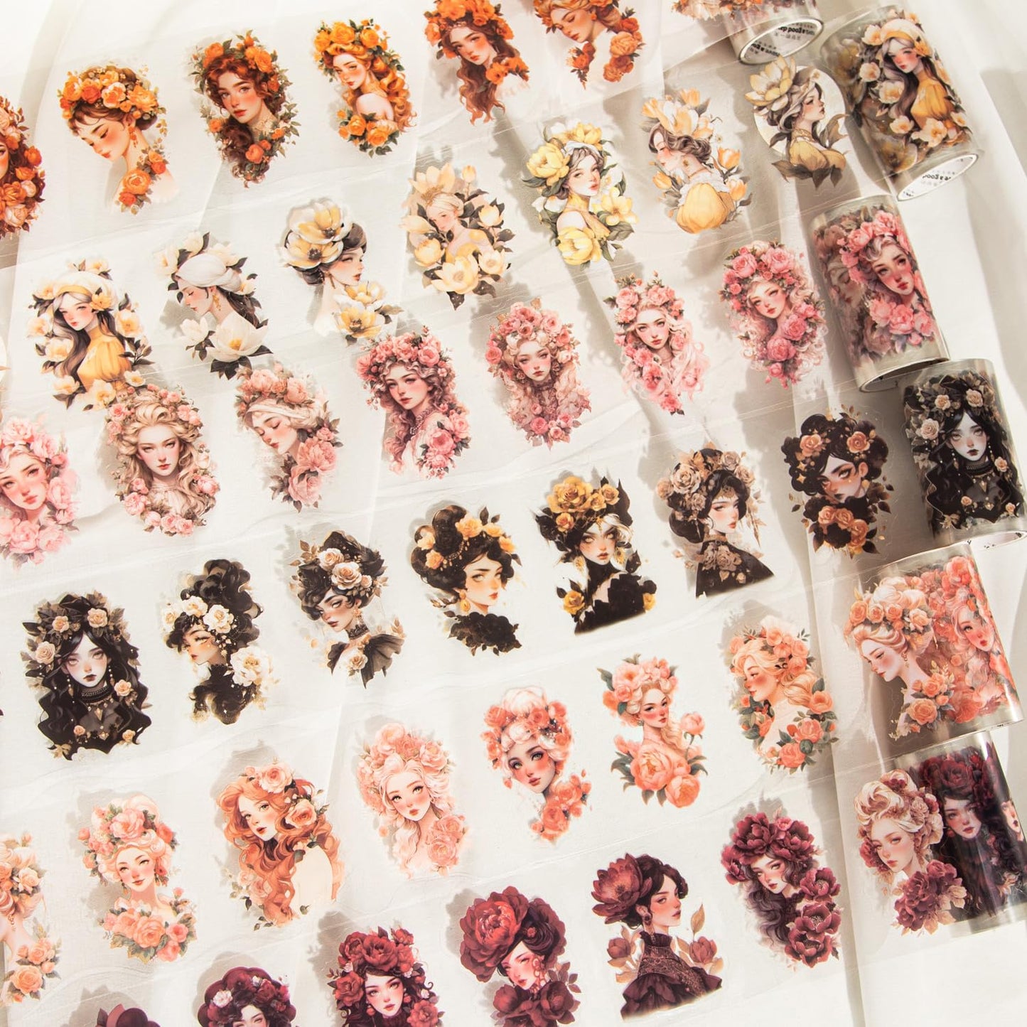 6 Pcs Flower Girl Scrapbook Tapes, Pre-Cut PET Tapes Aesthetic Stickers for Journaling, Scrapbook Supplies, and Ephemera, with Decorative Clip