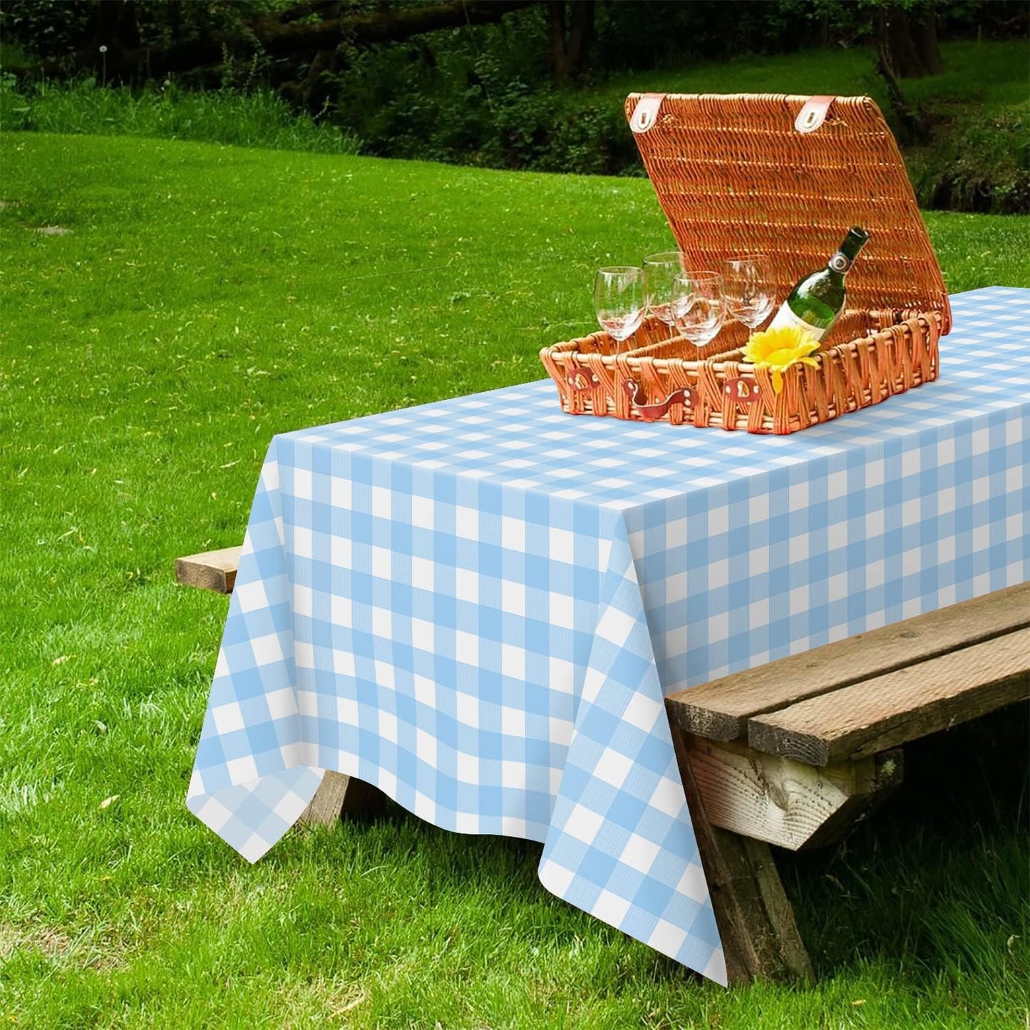 QIKSION Blue Gingham Tablecloth Disposable 12 Pack, 54 x 108 Inch Blue and White Checkered Table Cloth for Rectangle Tables, Plastic Table Cover