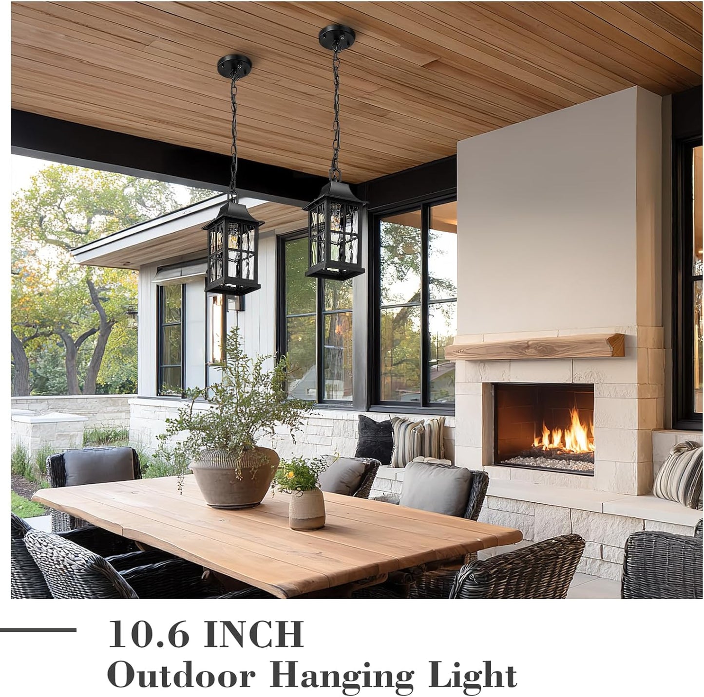 Emliviar Modern Outdoor Hanging Lantern with Dusk to Dawn Sensor, 10.6 Inch Pendant Lighting Fixture for Porch in Black Finish, Water Ripple Glass, YXE306H-PC BK-SW