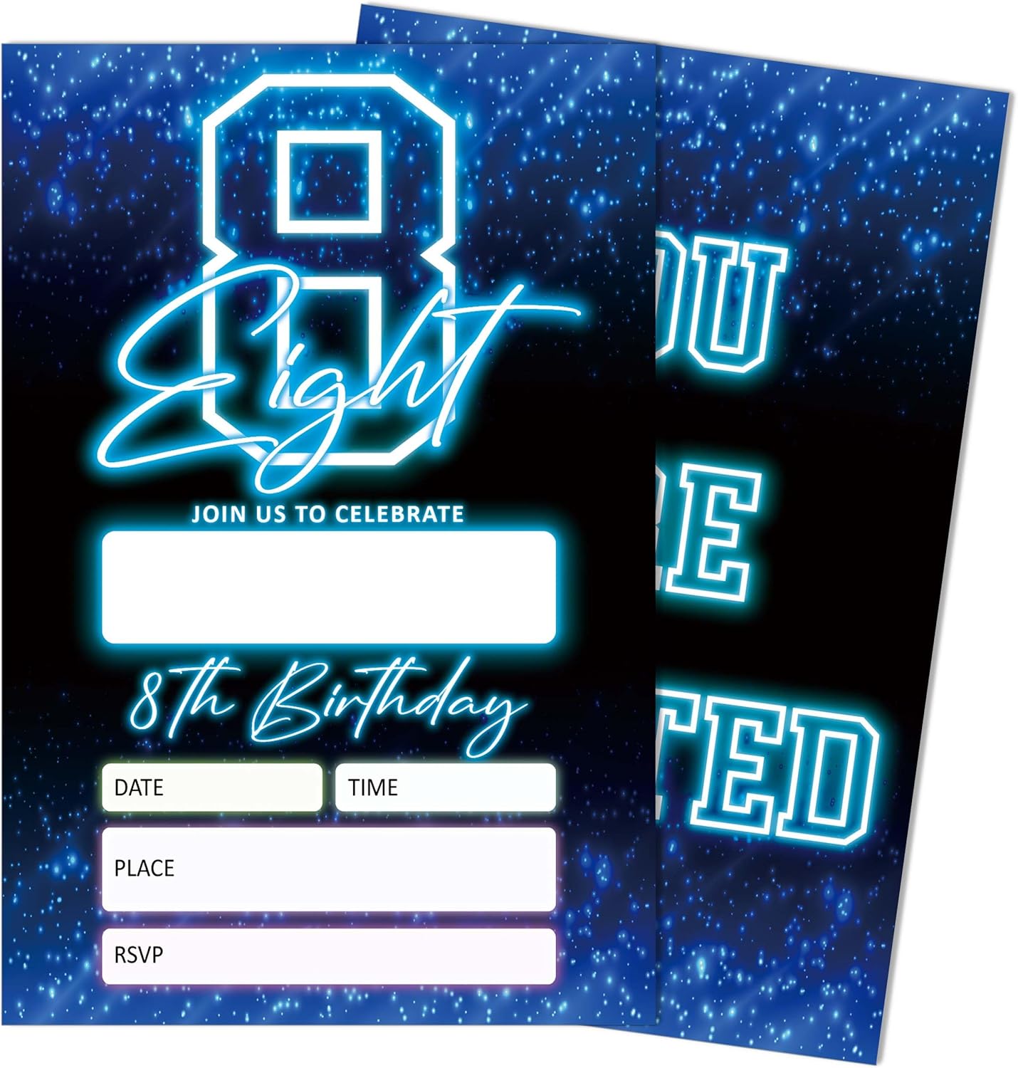 SIXEIGHT Blue 8th Birthday Party Invitations for Boys, Glow Neon Birthday Invitations, 20 Double Sided Invite Cards with Envelopes for Kids Girls, Party Decorations Supplies, 4"x6"-C08