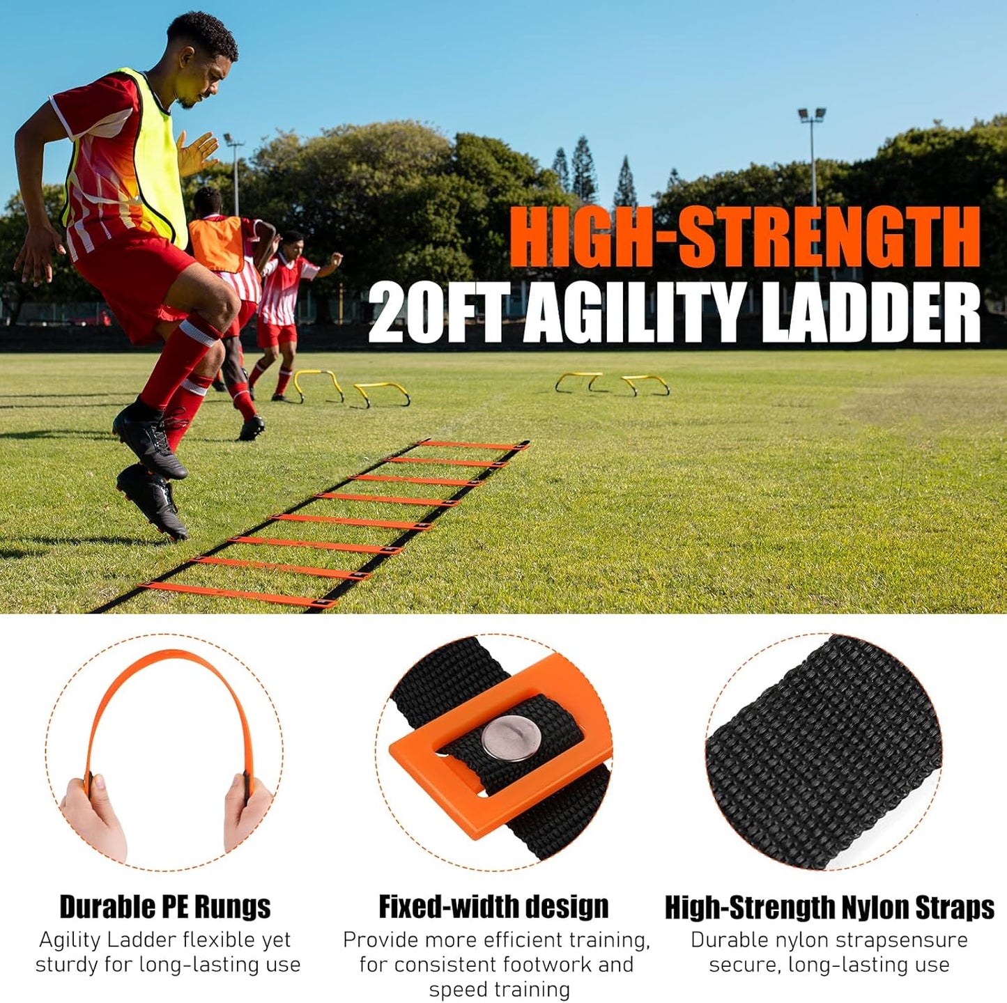 Agility Speed Training Equipment Set, Football Practise Set with 20ft Agility Ladder, 12 Cones, 4 Adjustable Hurdles, Jump Rope, Parachute, for Basketball, Soccer, Football, Kids, Youth, Adults