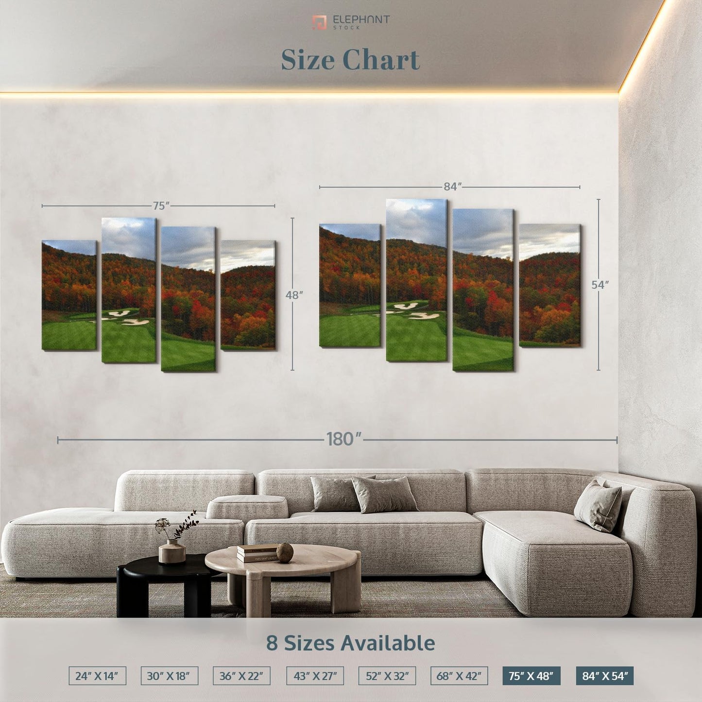 Elephant Stock Autumn Golf Course Wall Art - Horizontal Canvas - 4-Piece Living Room Wall Decor - Photography Sports Canvas Print - Blue and Orange Decor for Wall - 75" X 48"