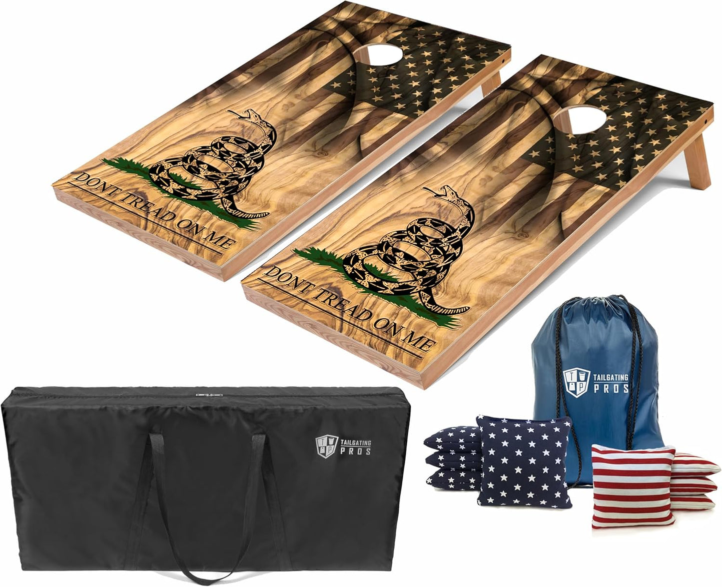 Tailgating Pros Cornhole Boards - 4'x2' Lightweight Regulation Flag & Patriotic Outdoor Themed Cornhole Game w/Carrying Case & Set of 8 Corn Hole Bean Bags w/Tote