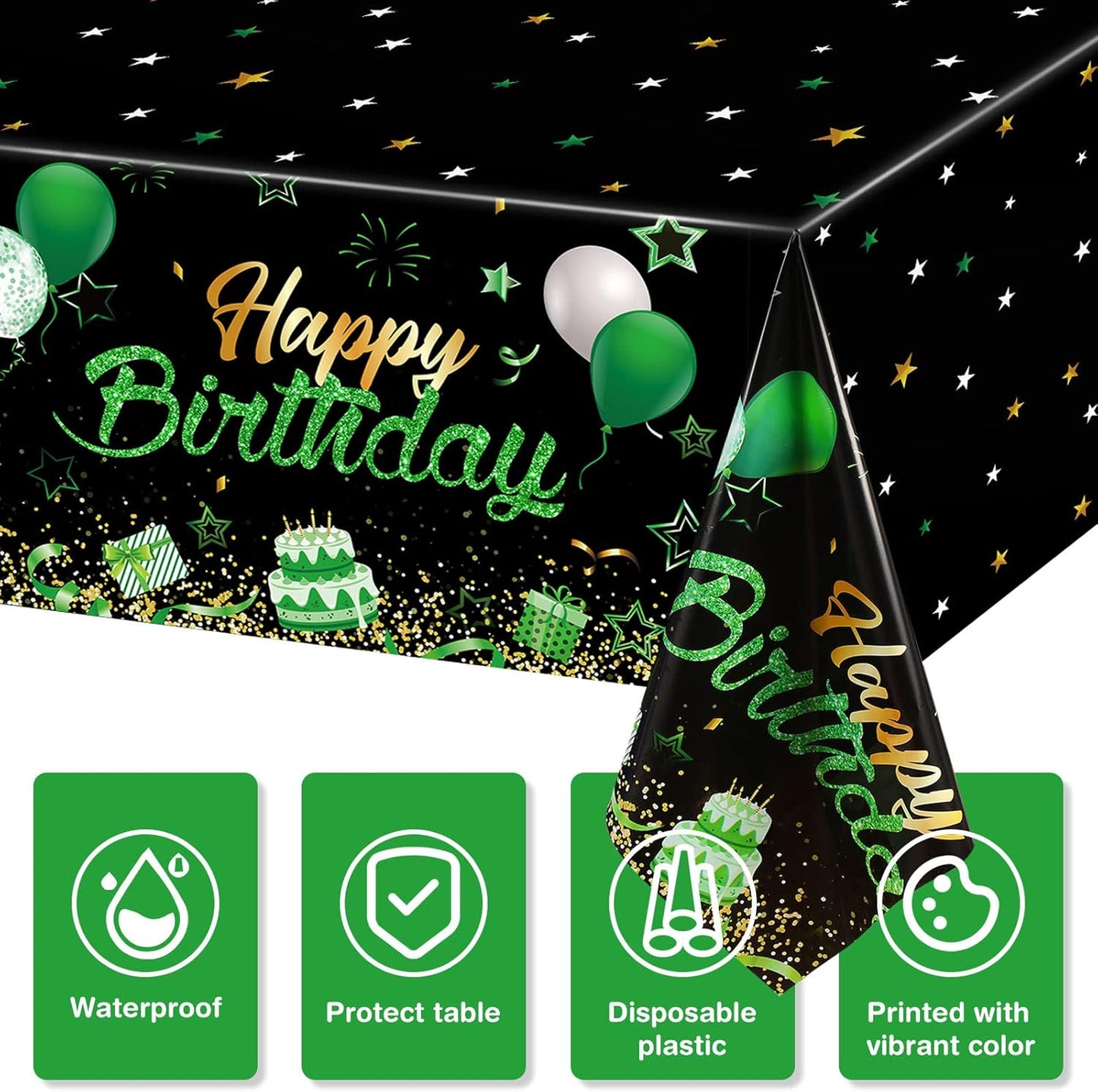 Breling 3 Pack Birthday Party Supplies Confetti Sprinkles Happy Birthday Tablecloths Starry Table Covers for Kids Adults Party Decorations, 54 x 108 Inches (Green and Black)
