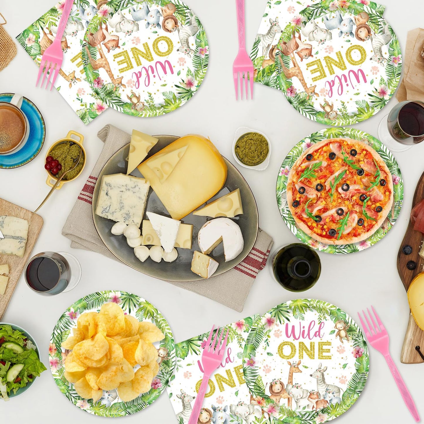 48Pcs Wild One Birthday Decorations Disposable Safari Animals Baby Shower Plates Napkins Forks Supplies for Boy Wild One Birthday Decorations Girl