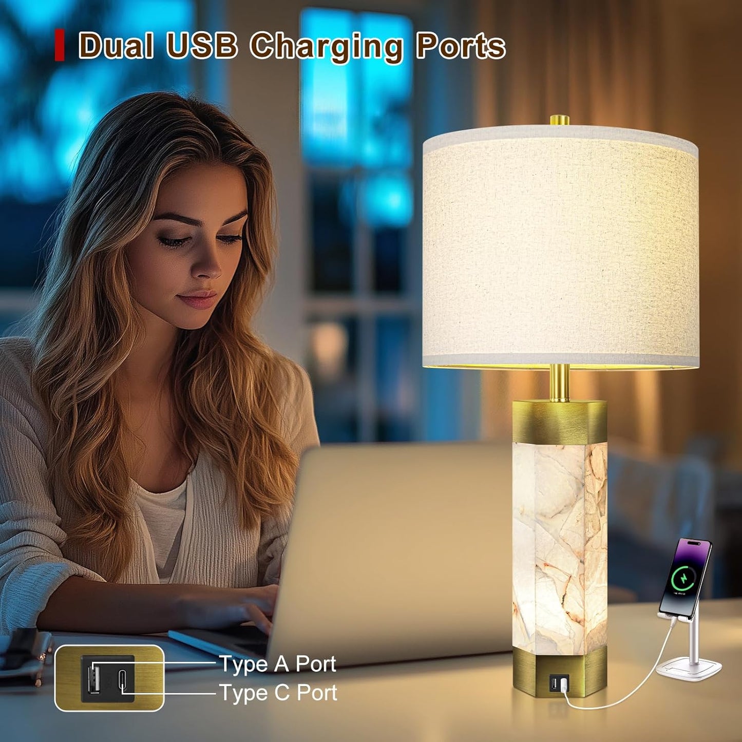 Natural Alabaster Table Lamps Set of 2,Table Lamp with Night Light for Living Room,Nightstand Lamp with USB Ports,Bedside Lamp with Linen Fabric Shade for Bedroom,Living Room,Office,Bar(Bulb Included)