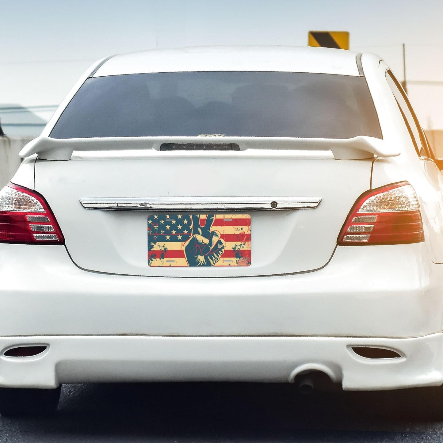 American Flag Peace Sign Front License Plate for Car Designs Stainless License Plate Cover Holder for Men Women Metal Aluminum Decorative Accessory Vanity Tag Standard 6 X 12 Inch (4 Holes)